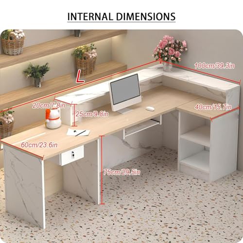 L-Shaped Reception Desk with LED Lights & Lockable Drawer