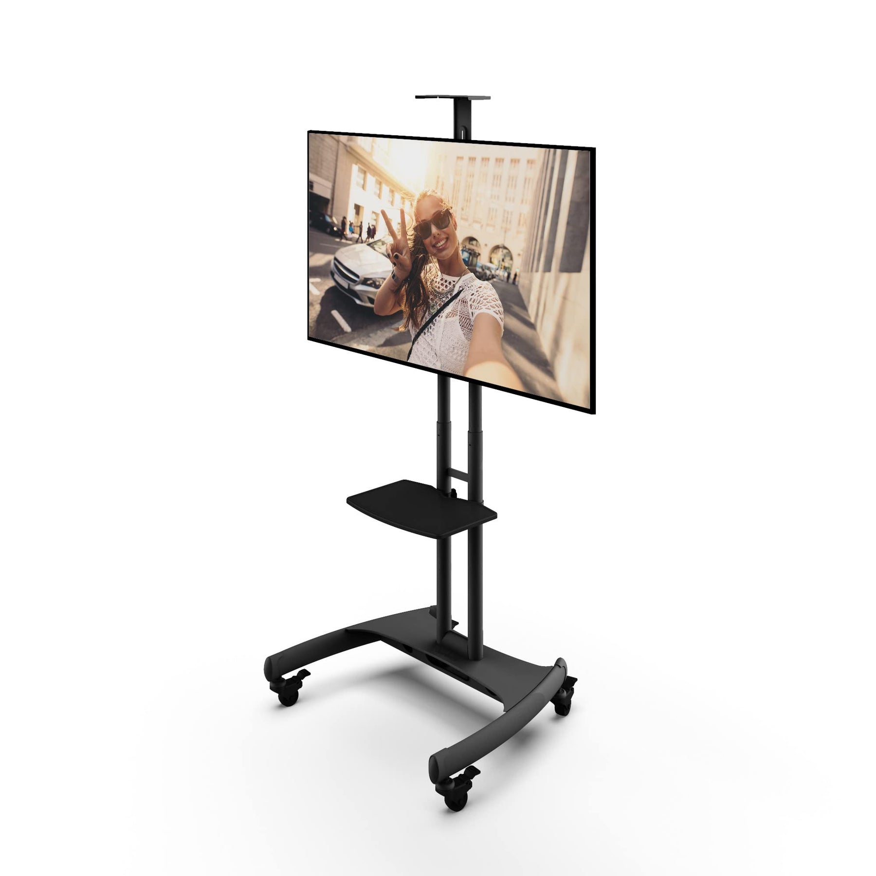 Height-Adjustable Mobile TV Mount with Shelf for 55–100" TVs