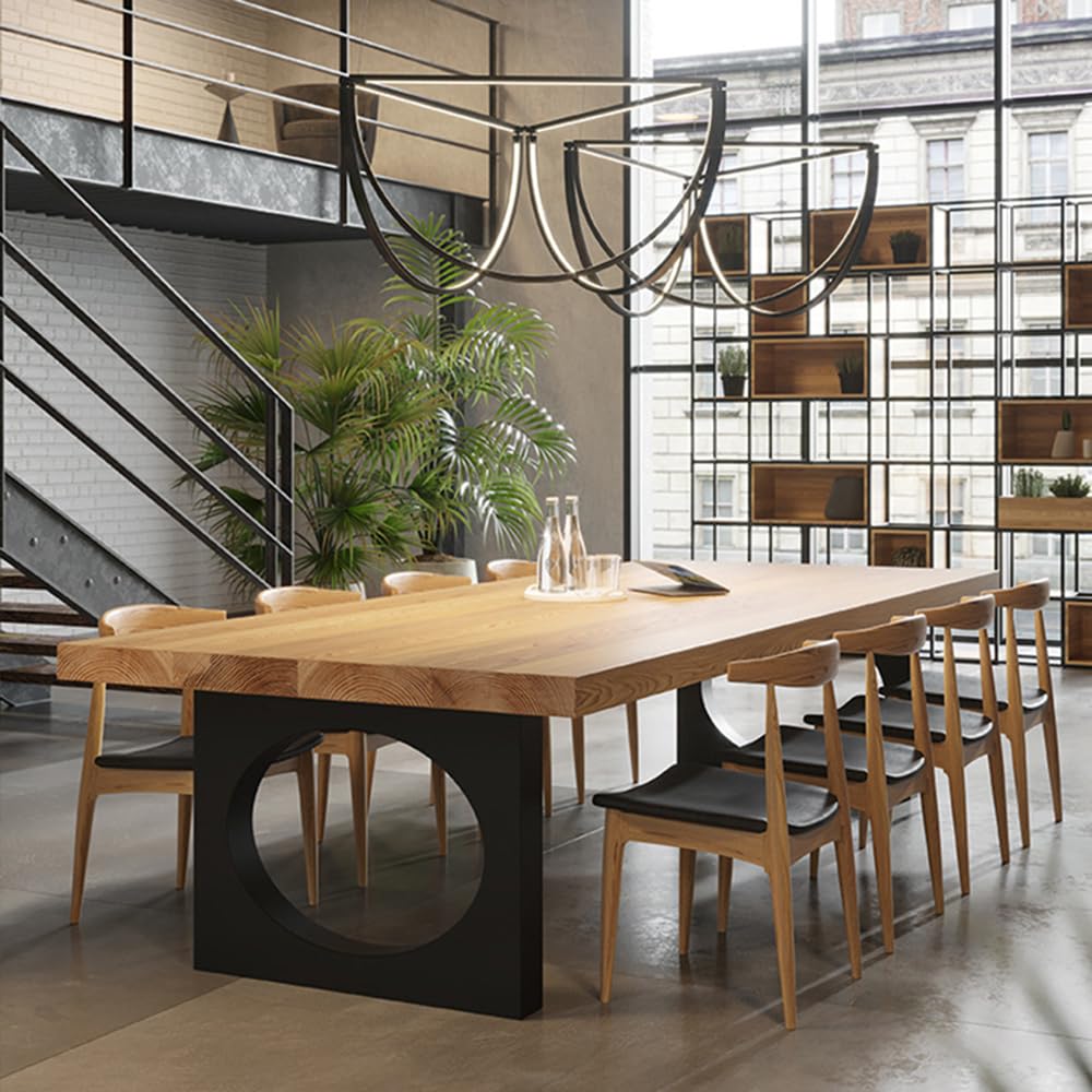 LITFAD Dining Table with Natural Timber Top and Metal Base Standard Height Kitchen Table Modern Simple Restaurant Tables Rectangular Office Desk