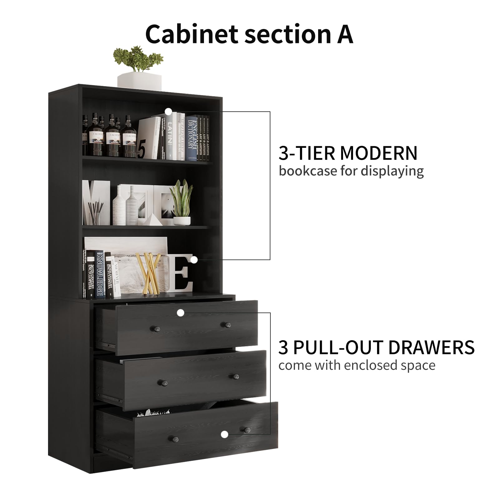 File Cabinet with Bookshelf & Glass Doors