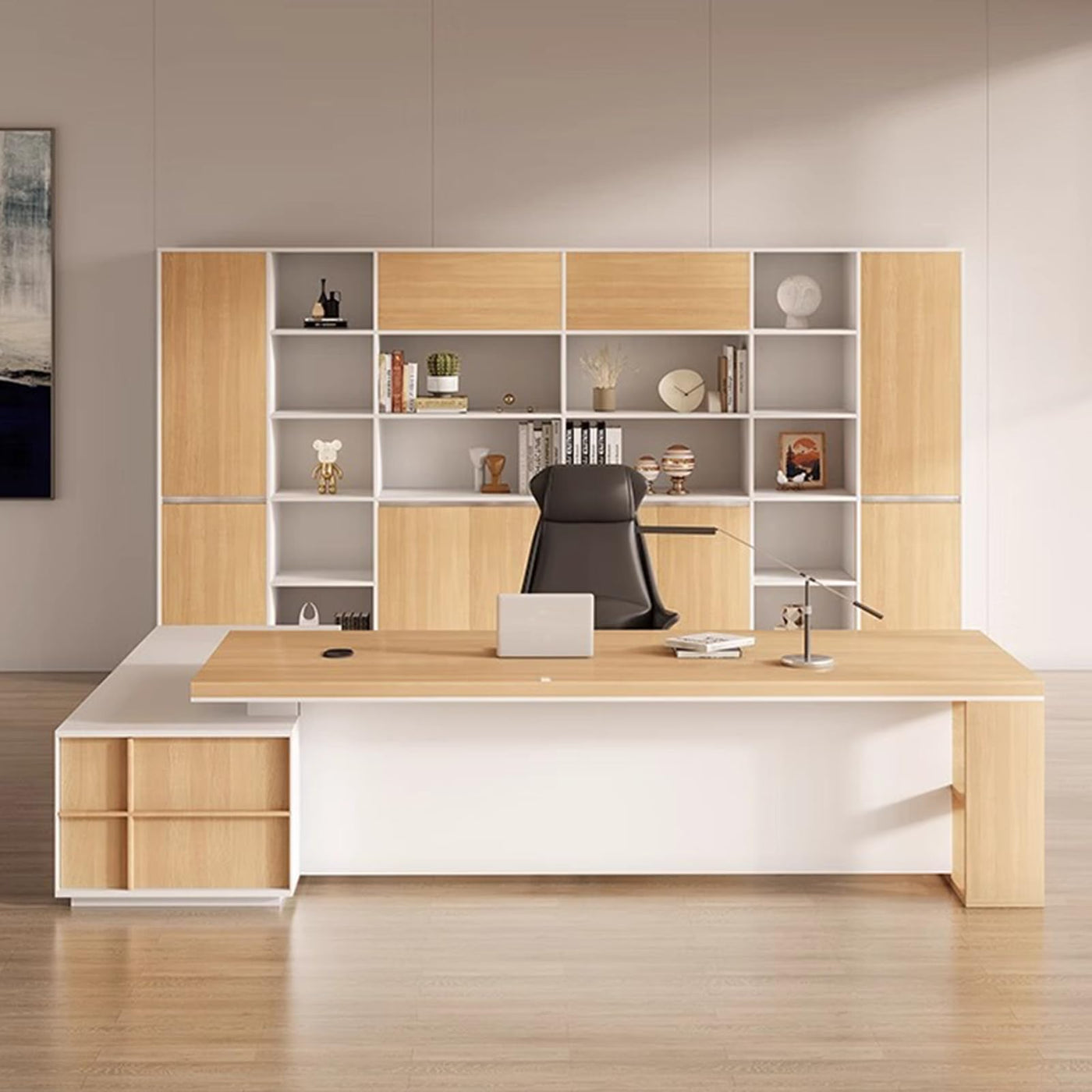 Wood L-Shaped Executive Desk with Cabinet