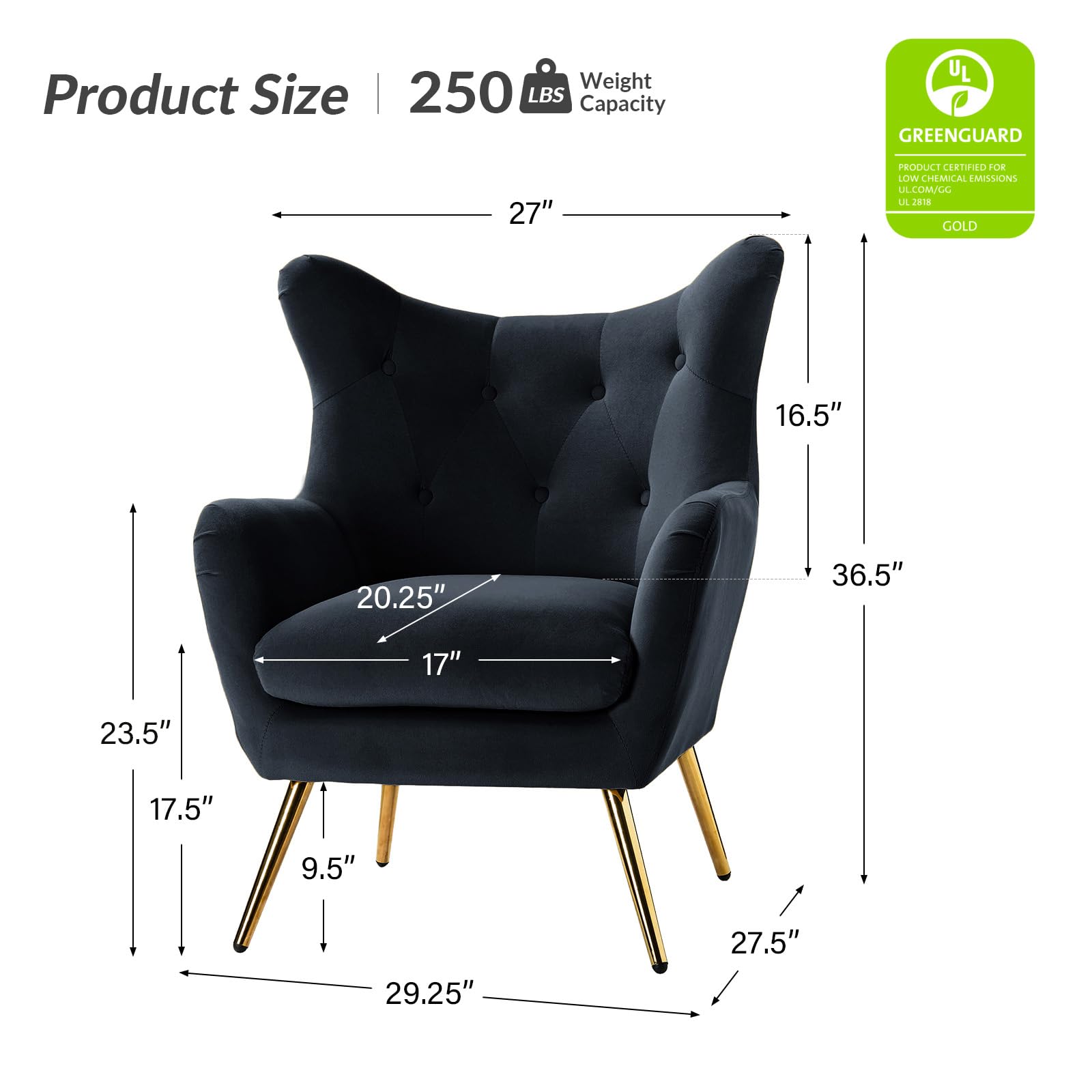 Velvet Wingback Accent Chair with Gold Legs