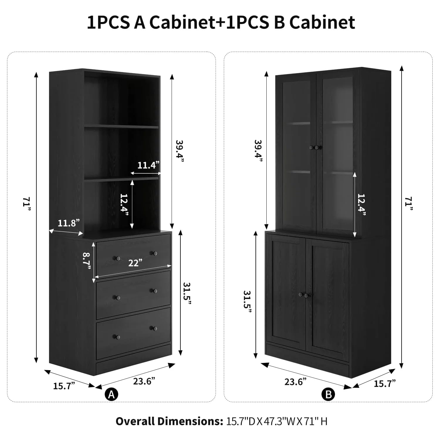 71" Bookshelf with Drawers & Glass Doors