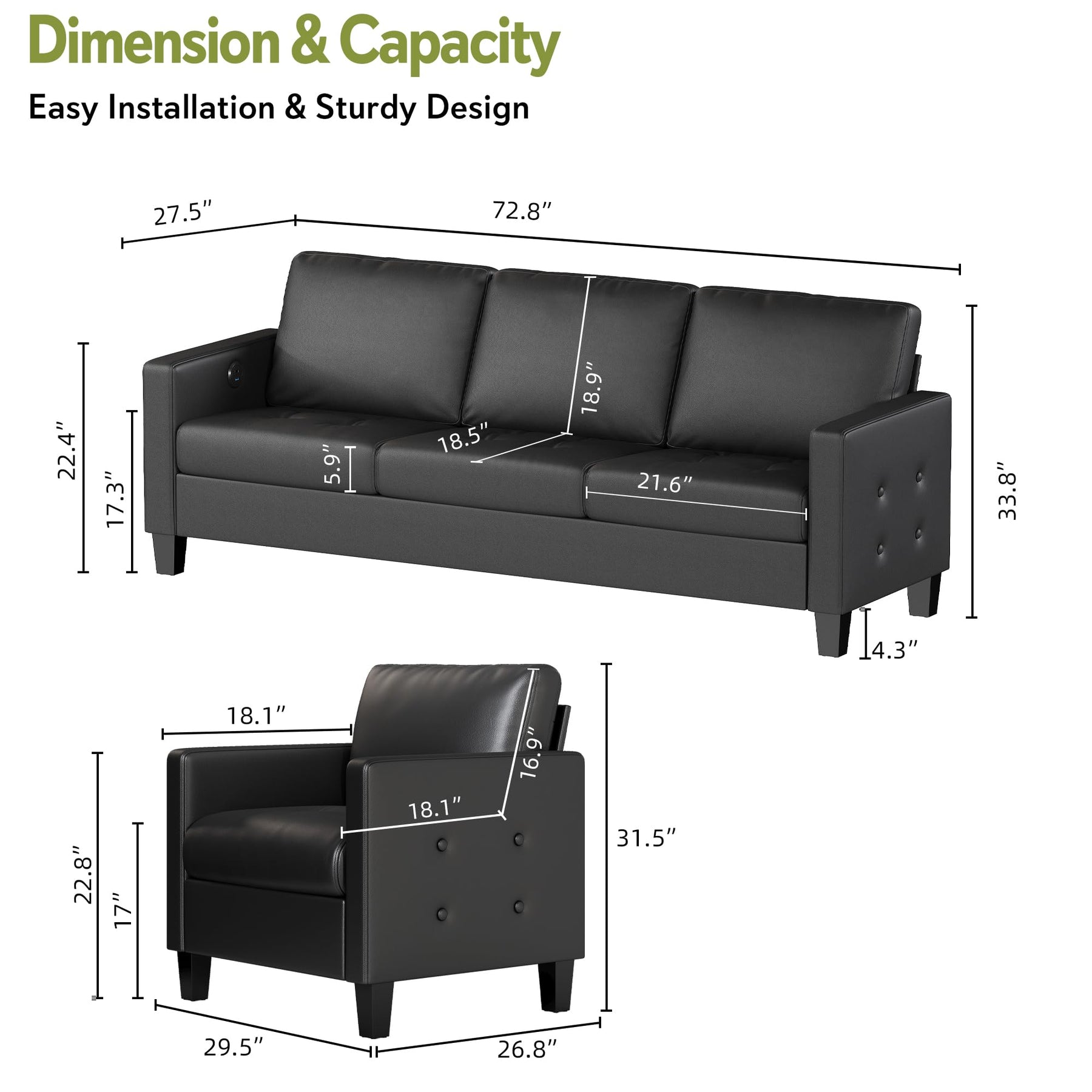 3-Piece Faux Leather Sofa, Loveseat & Accent Chair Set