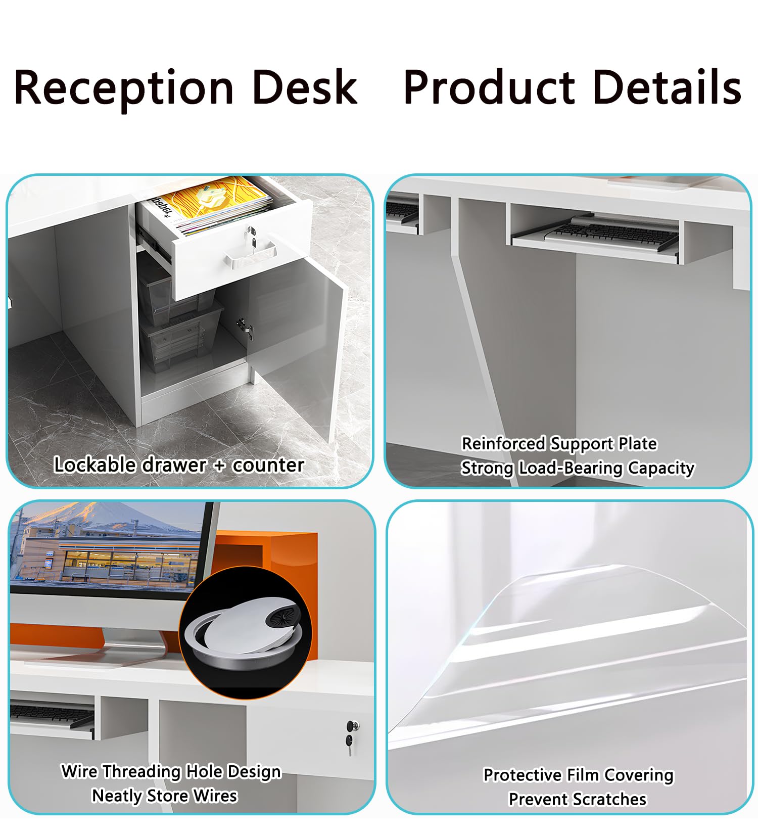 Modern Reception Desk with LED Light & Lockable Drawer