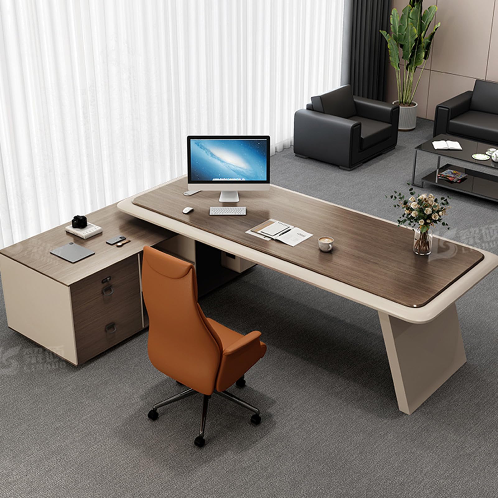 L-Shaped Executive Desk with File Cabinet