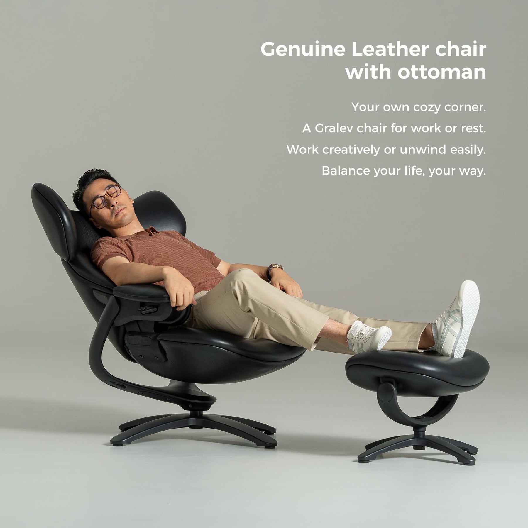 Genuine Leather Reclining Swivel Chair with Ottoman