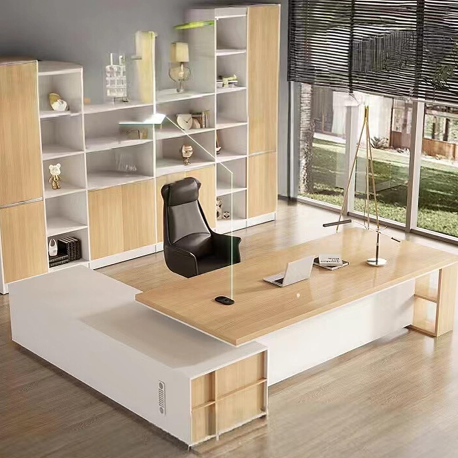 Wood L-Shaped Executive Desk with Cabinet