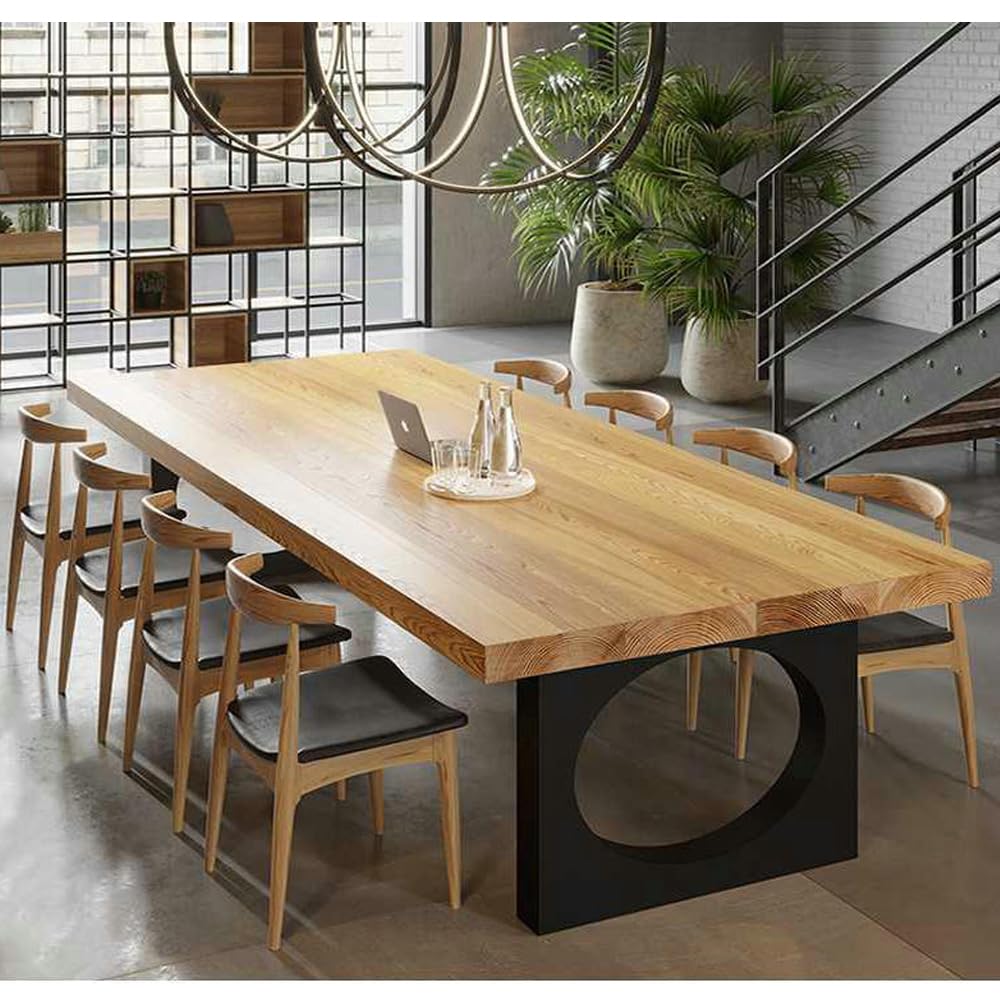 LITFAD Dining Table with Natural Timber Top and Metal Base Standard Height Kitchen Table Modern Simple Restaurant Tables Rectangular Office Desk