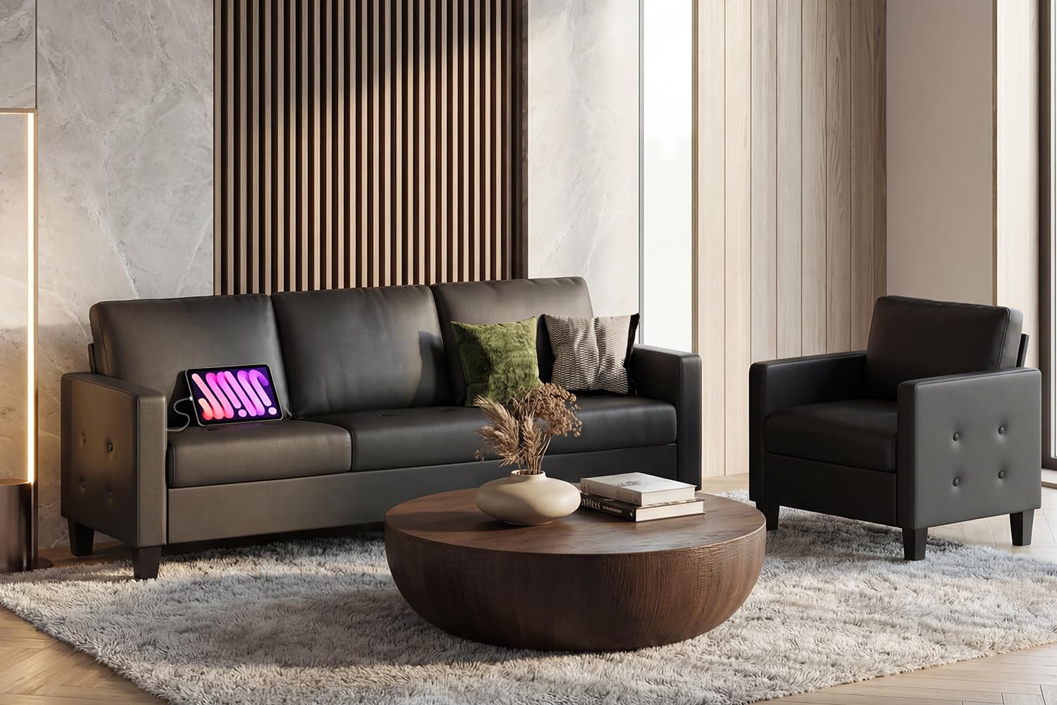 3-Piece Faux Leather Sofa, Loveseat & Accent Chair Set