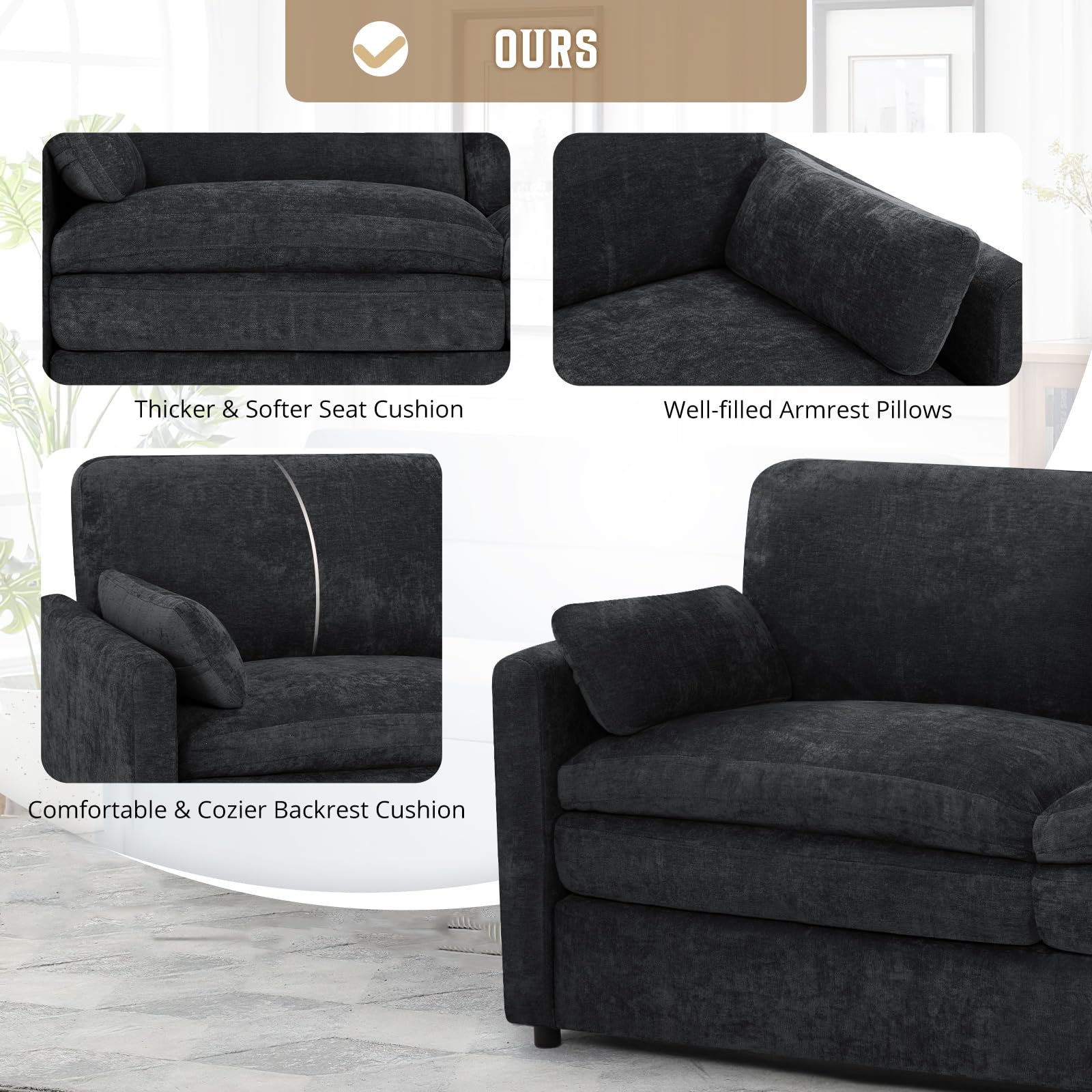 Lesofair Chenille Sofa Set with Thicker Cushions