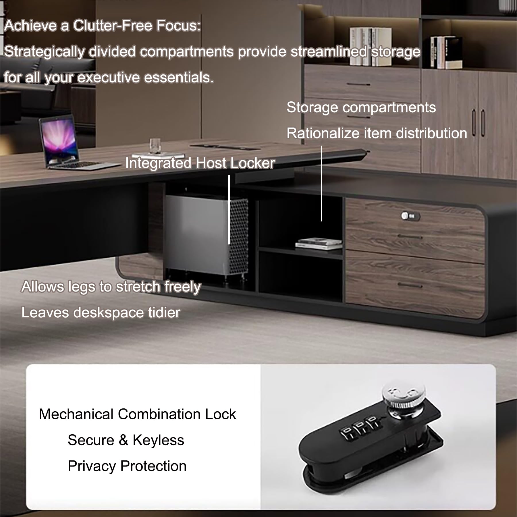 L-Shaped Executive Desk with Locking Cabinet