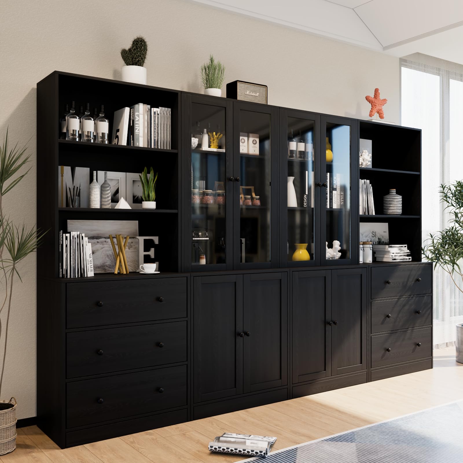 71" Bookshelf with Drawers & Glass Doors