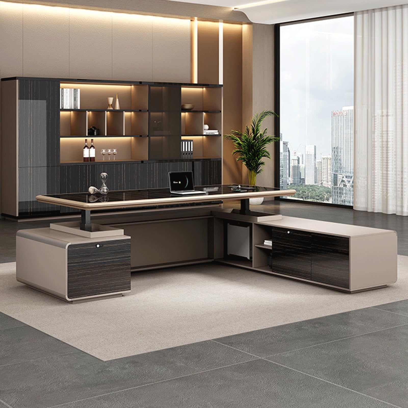 Height-Adjustable L-Shaped Executive Desk with Storage Shelf