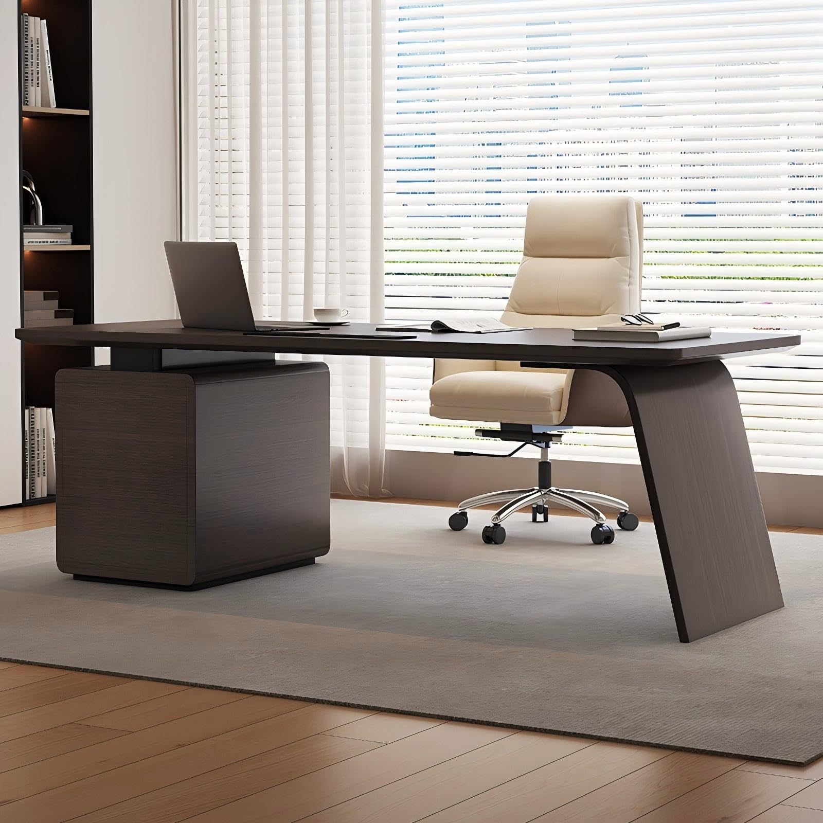 Modern Office Desk with Storage Cabinet & Power Outlets