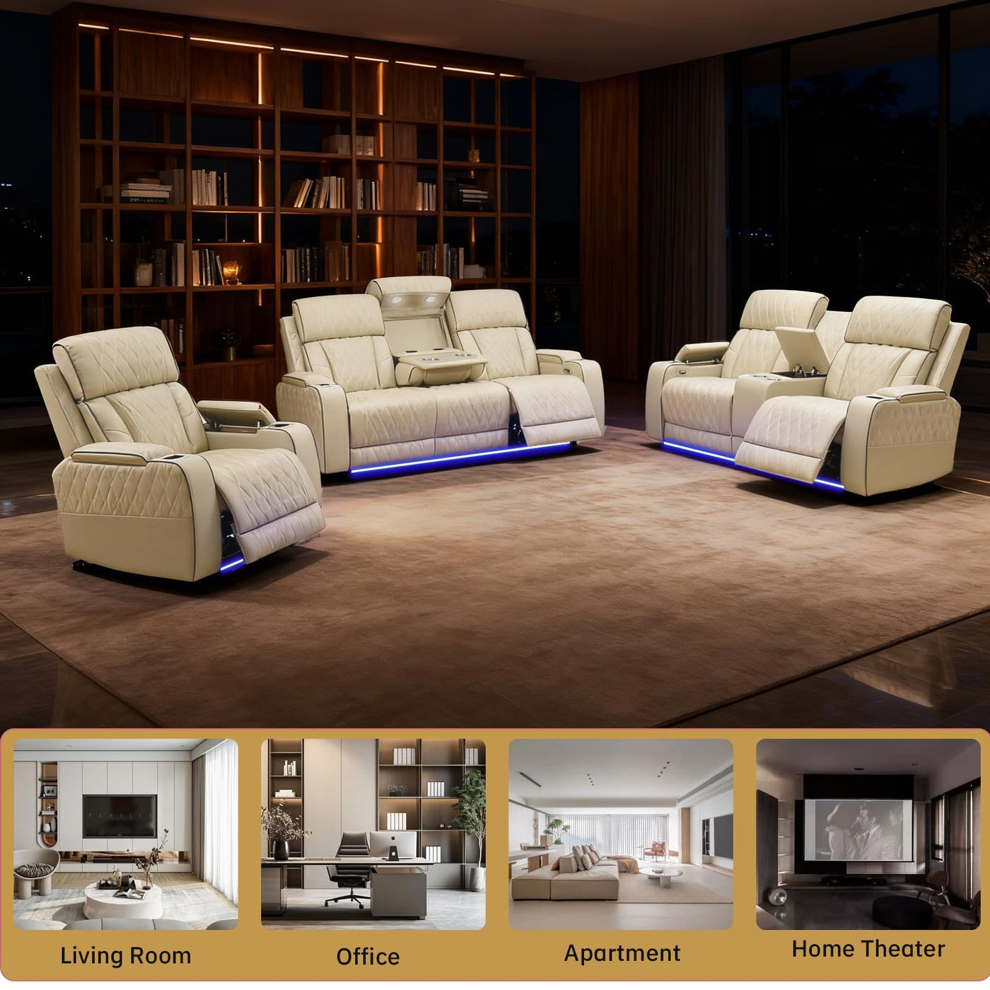 Saxum Tegmen Living Room Furniture Sets, Power Recliner Sectional Sofa with LED Lights