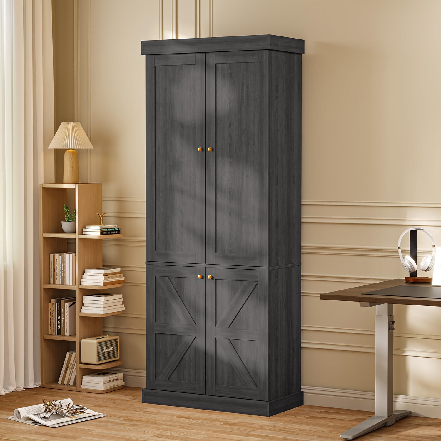 70.8" Farmhouse Bookcase with Glass Doors