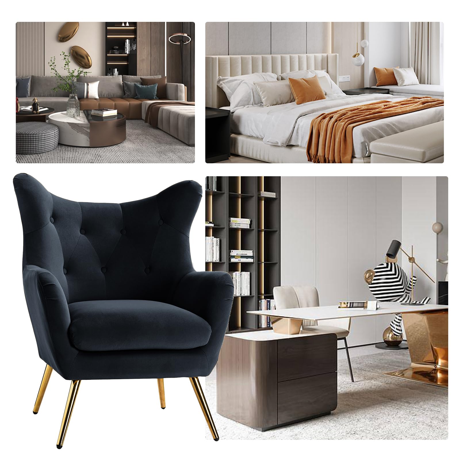 Velvet Wingback Accent Chair with Gold Legs