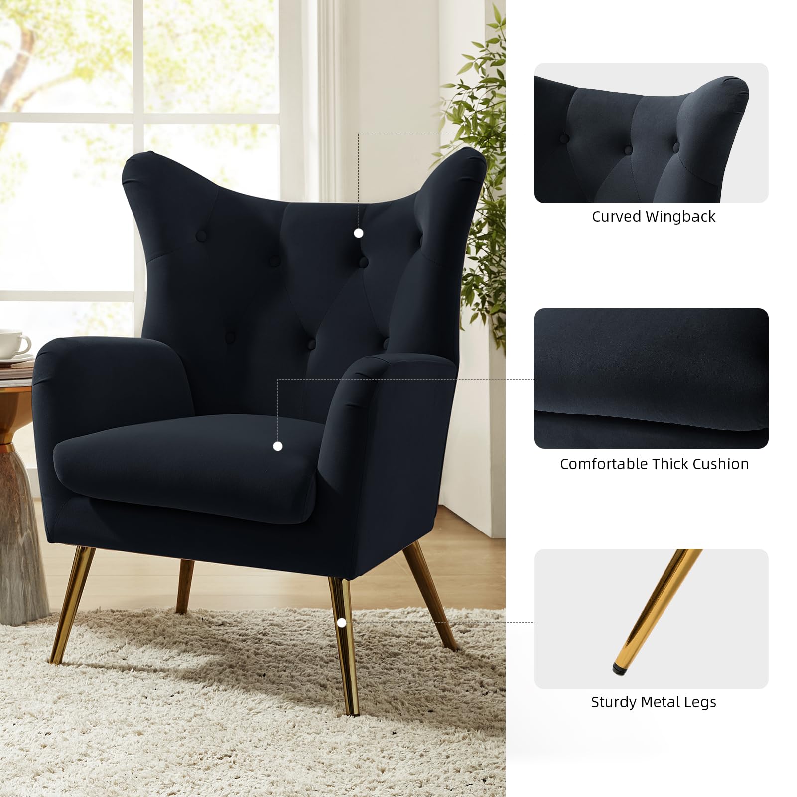 Velvet Wingback Accent Chair with Gold Legs