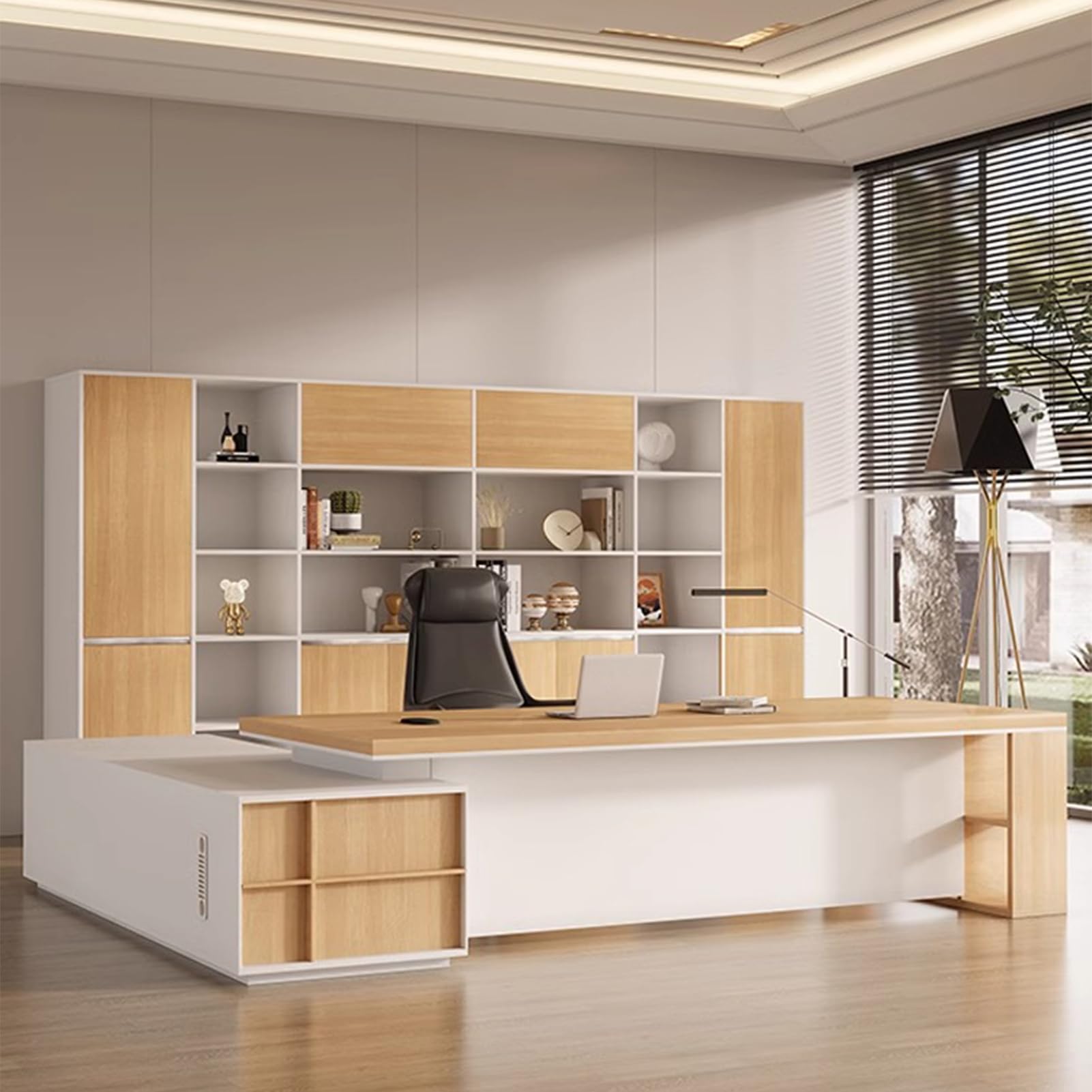 Wood L-Shaped Executive Desk with Cabinet