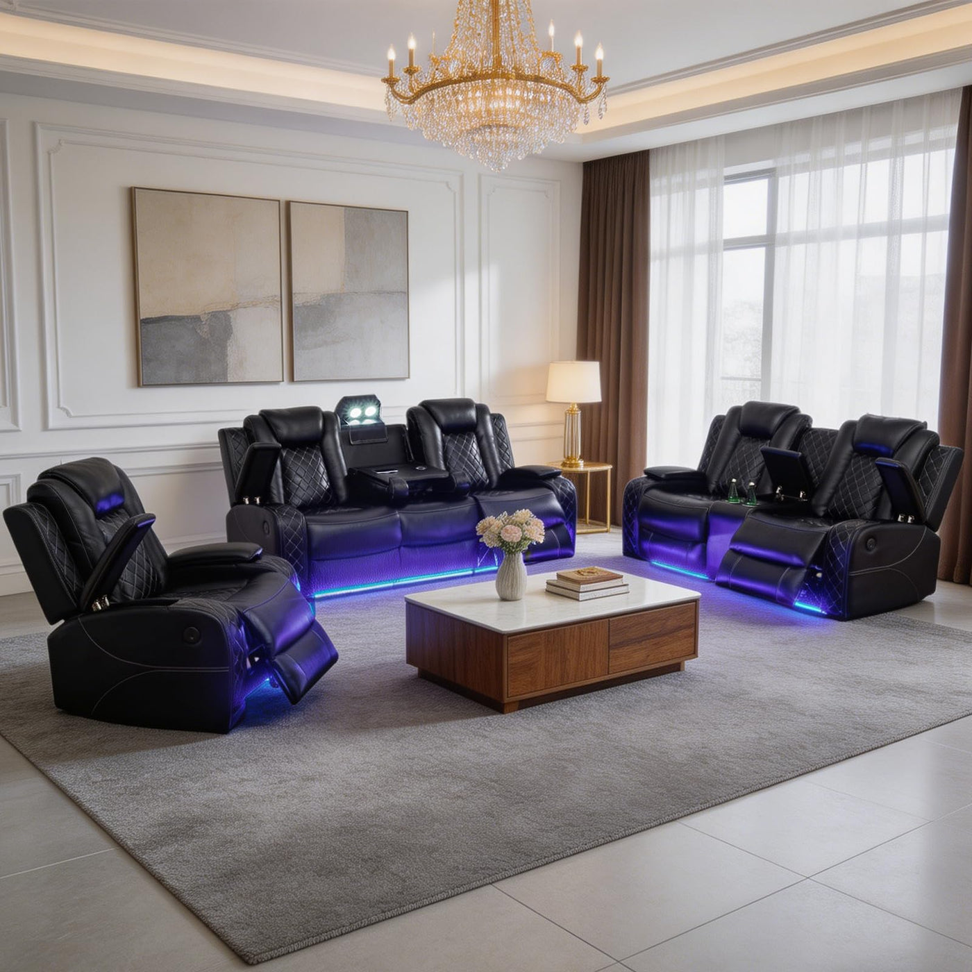 Saxum Tegmen Living Room Furniture Sets, Power Recliner Sectional Sofa with LED Lights