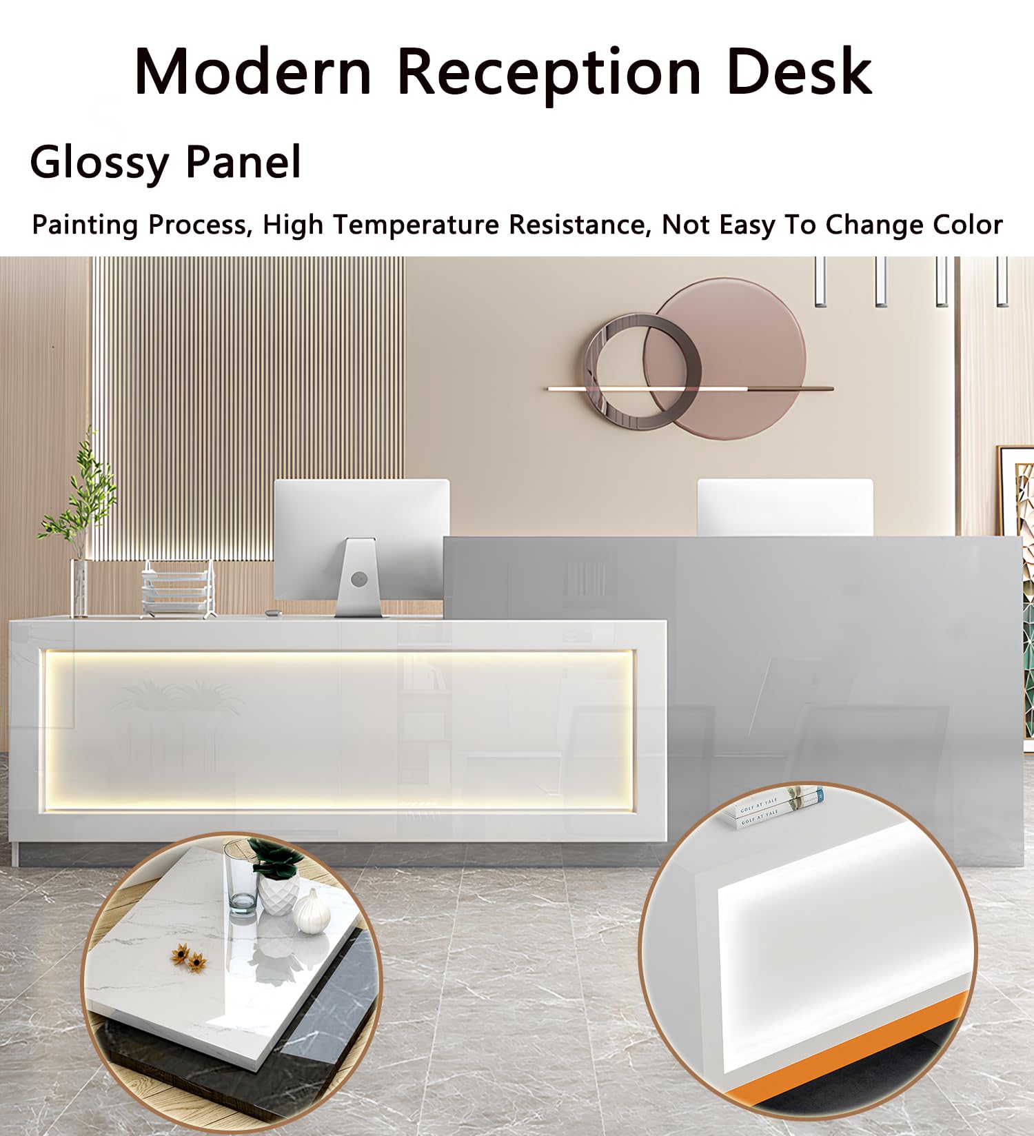 Modern Reception Desk with LED Light & Lockable Drawer
