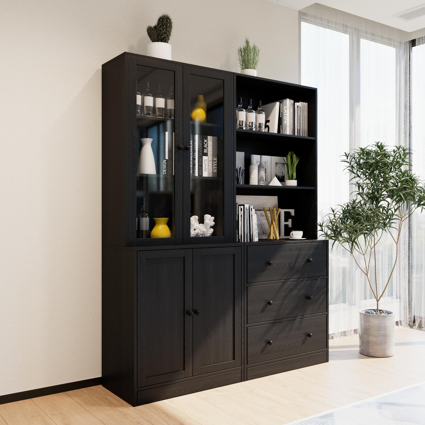 71" Bookshelf with Drawers & Glass Doors