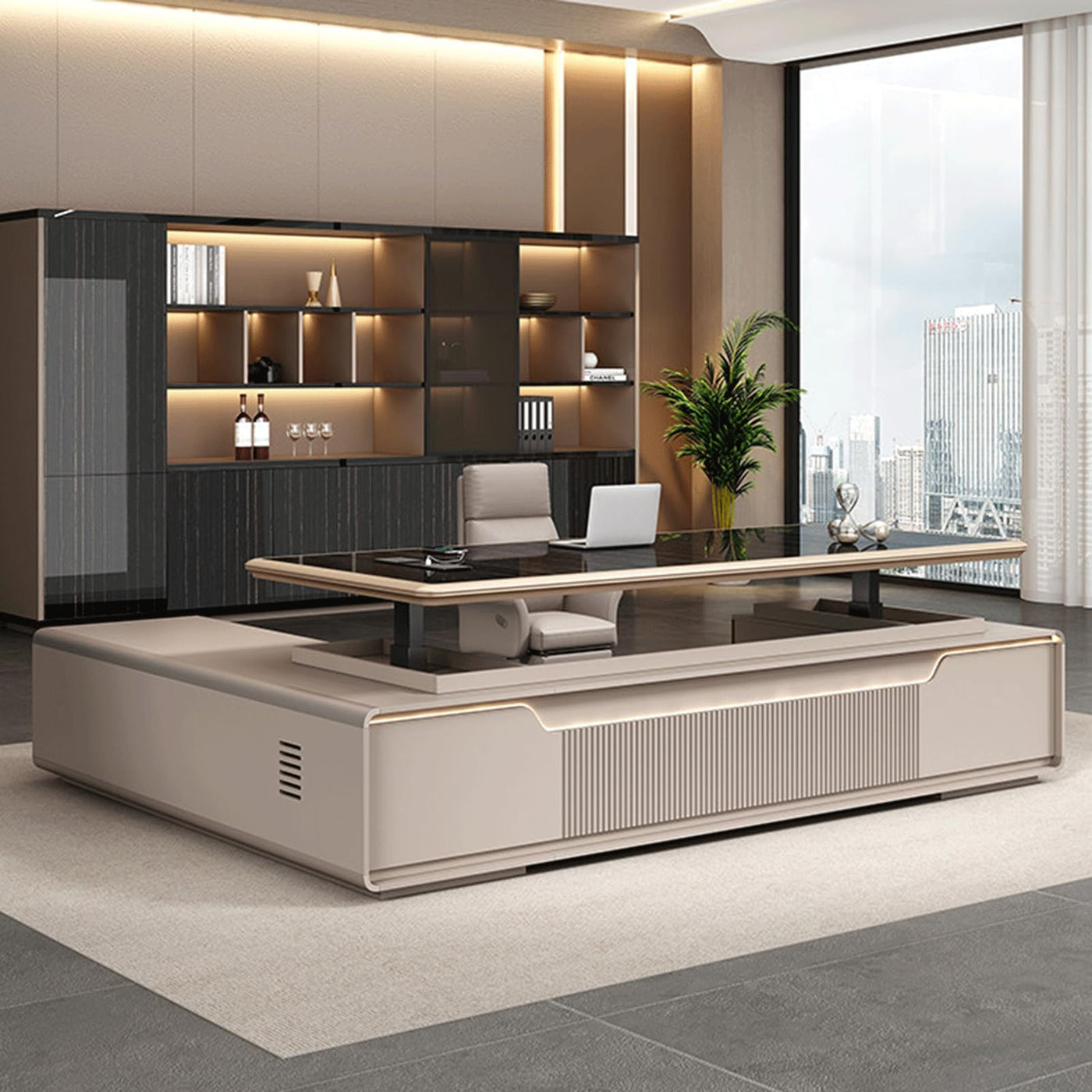 Height-Adjustable L-Shaped Executive Desk with Storage Shelf