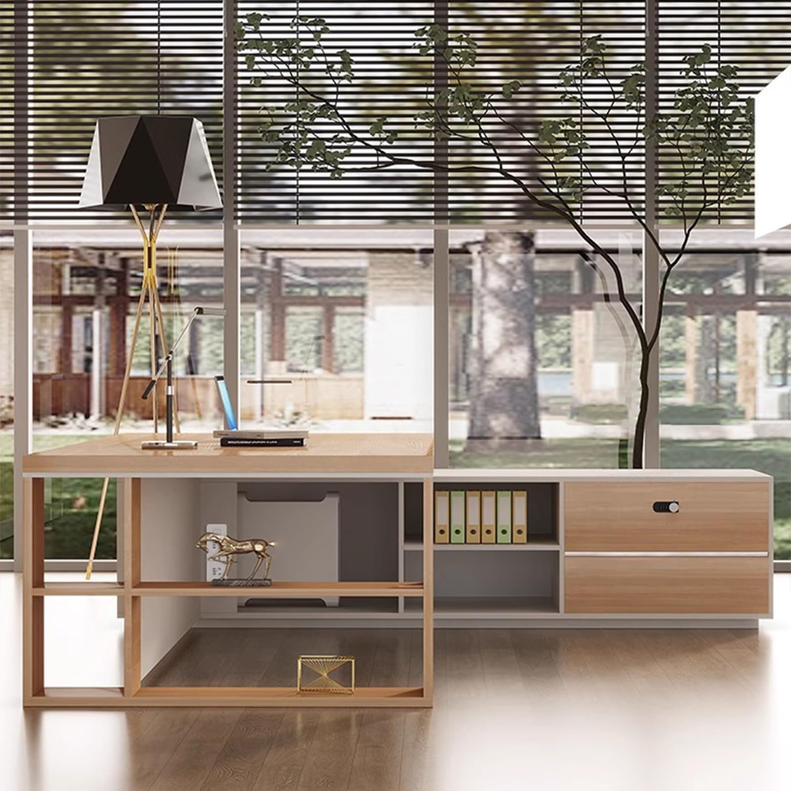 Wood L-Shaped Executive Desk with Cabinet