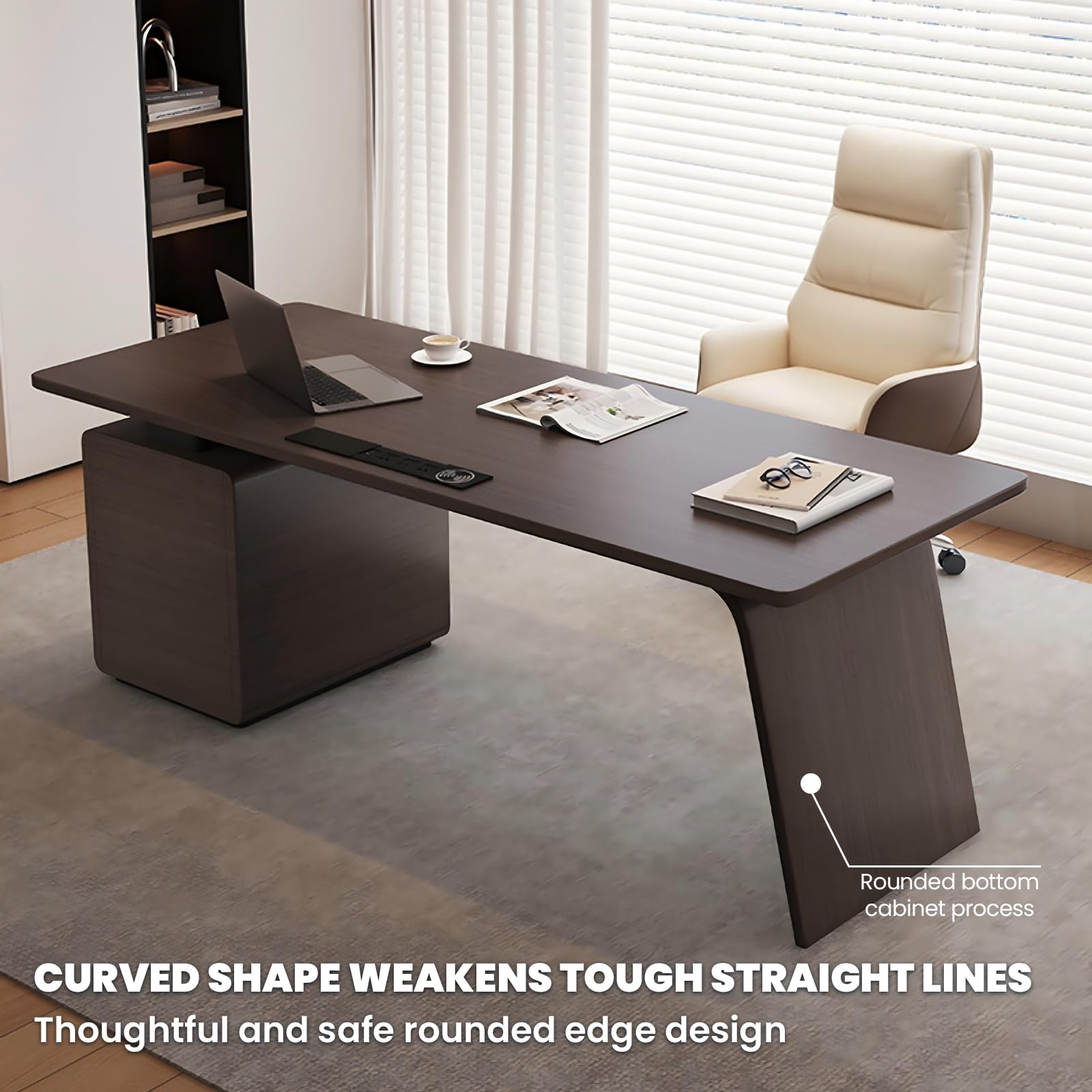Modern Office Desk with Storage Cabinet & Power Outlets