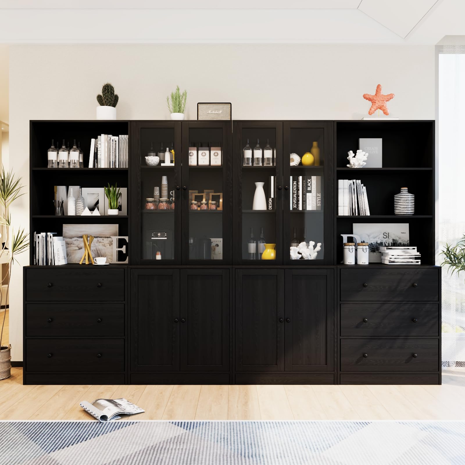 71" Bookshelf with Drawers & Glass Doors