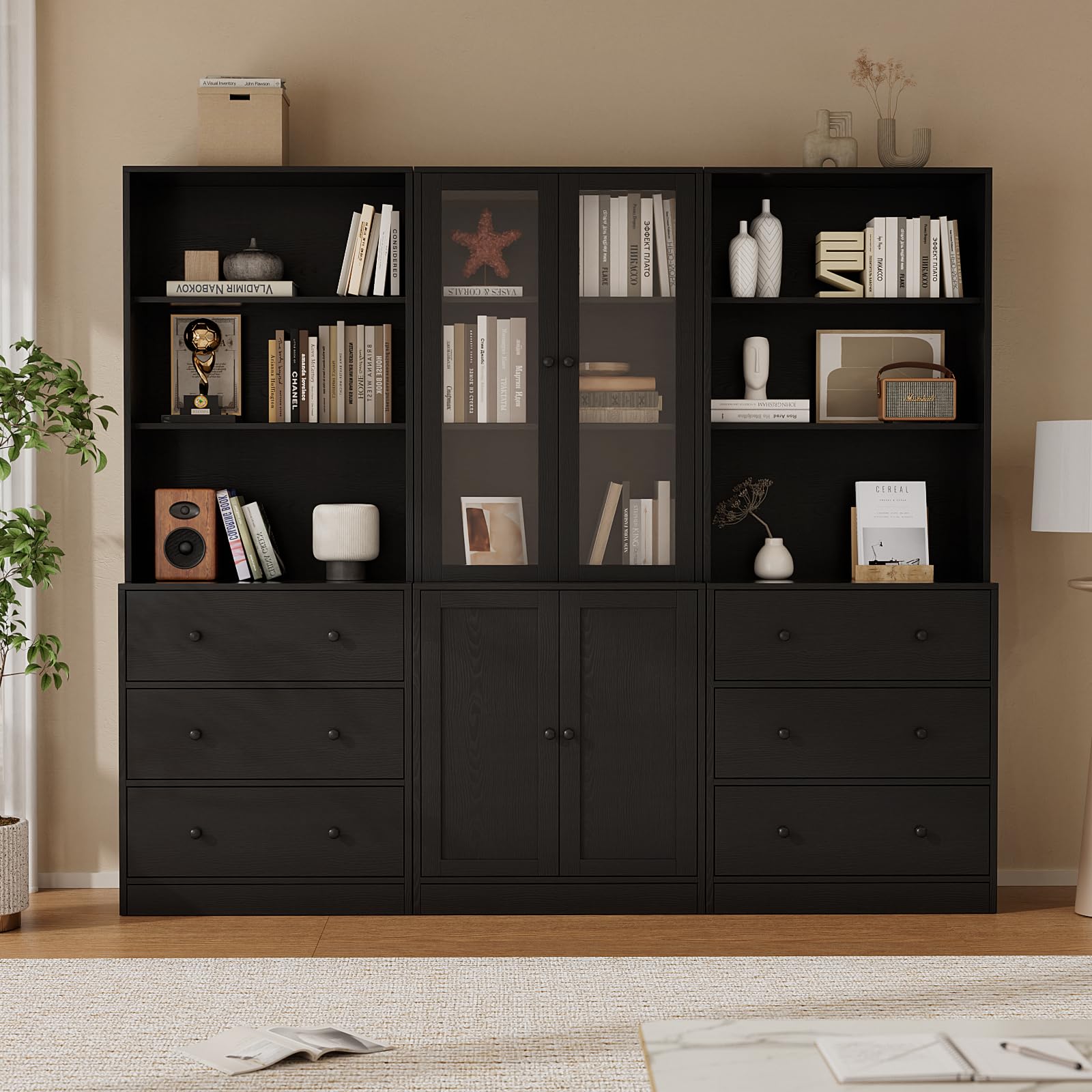 71" Bookshelf with Drawers & Glass Doors