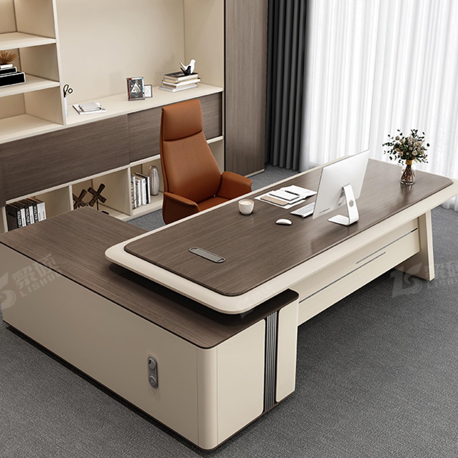 L-Shaped Executive Desk with File Cabinet