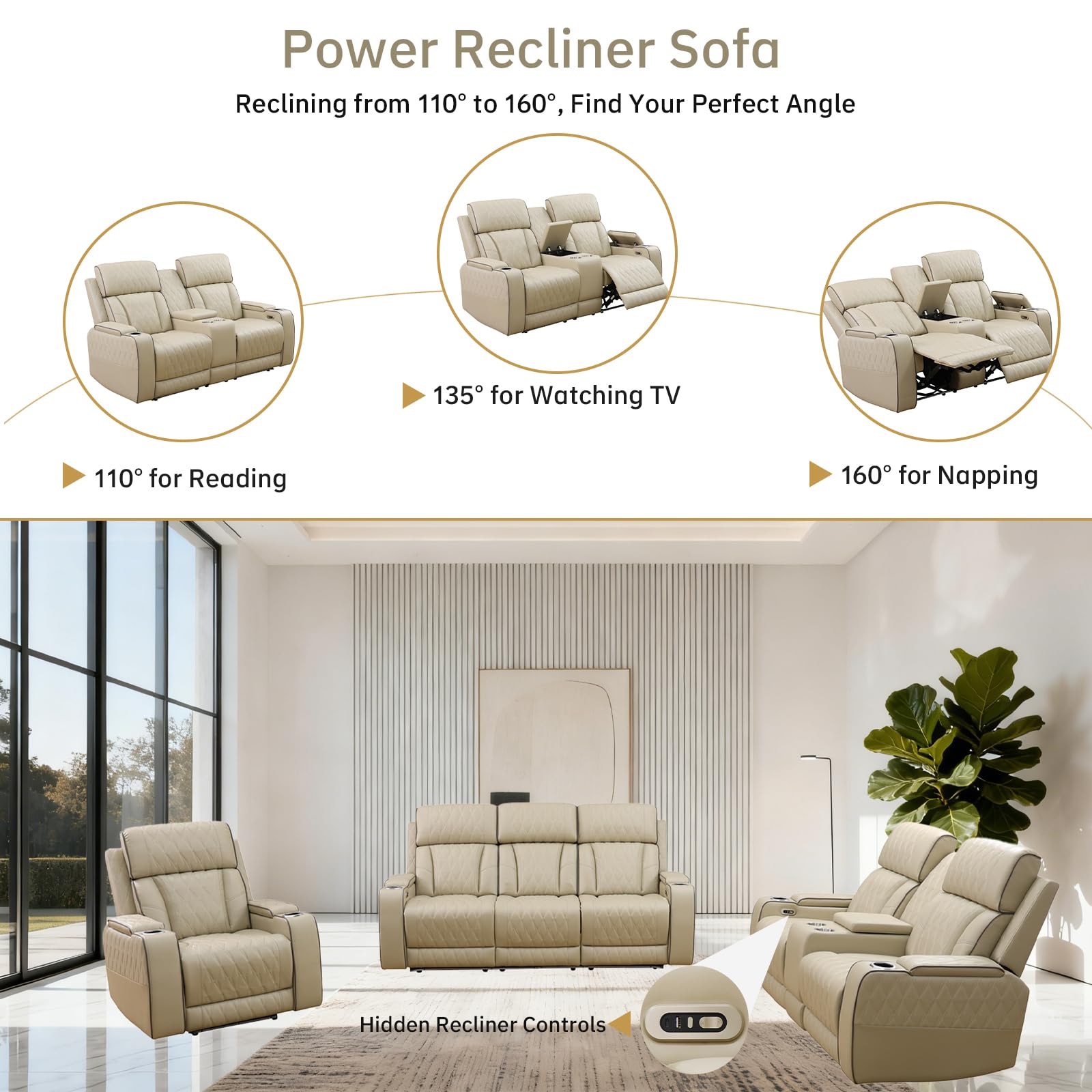 Saxum Tegmen Living Room Furniture Sets, Power Recliner Sectional Sofa with LED Lights