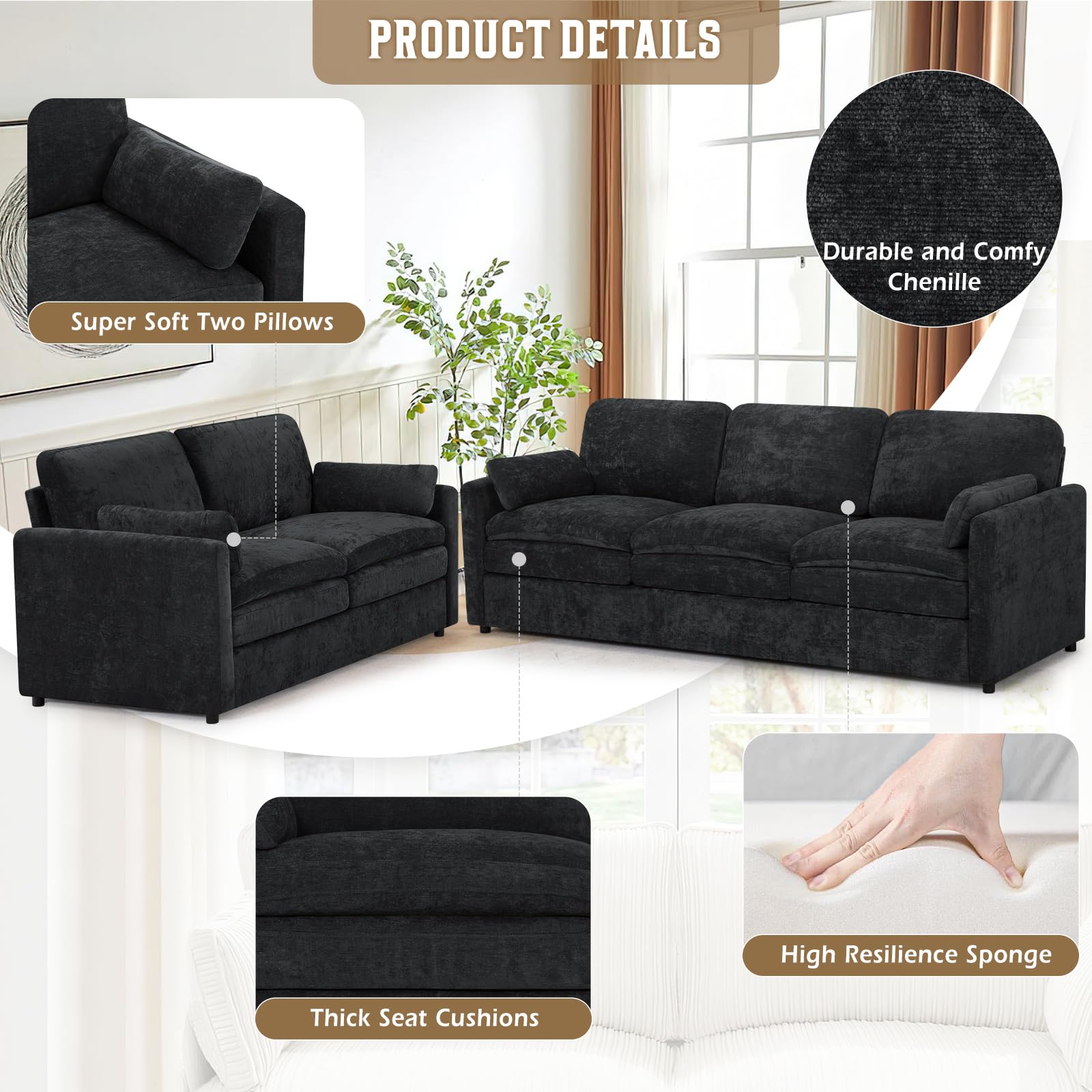 Lesofair Chenille Sofa Set with Thicker Cushions