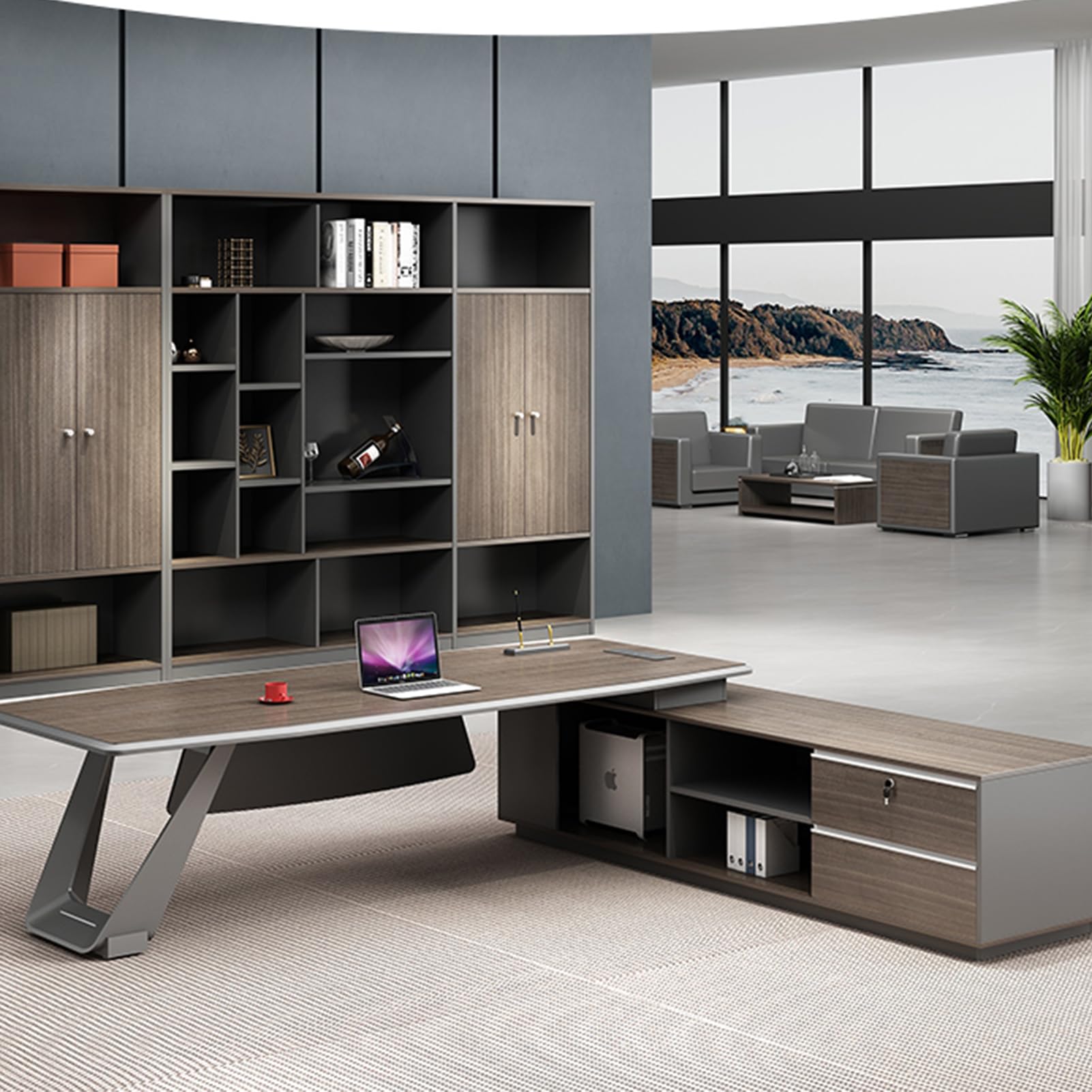 Minimalist L-Shaped Executive Desk with Cabinet