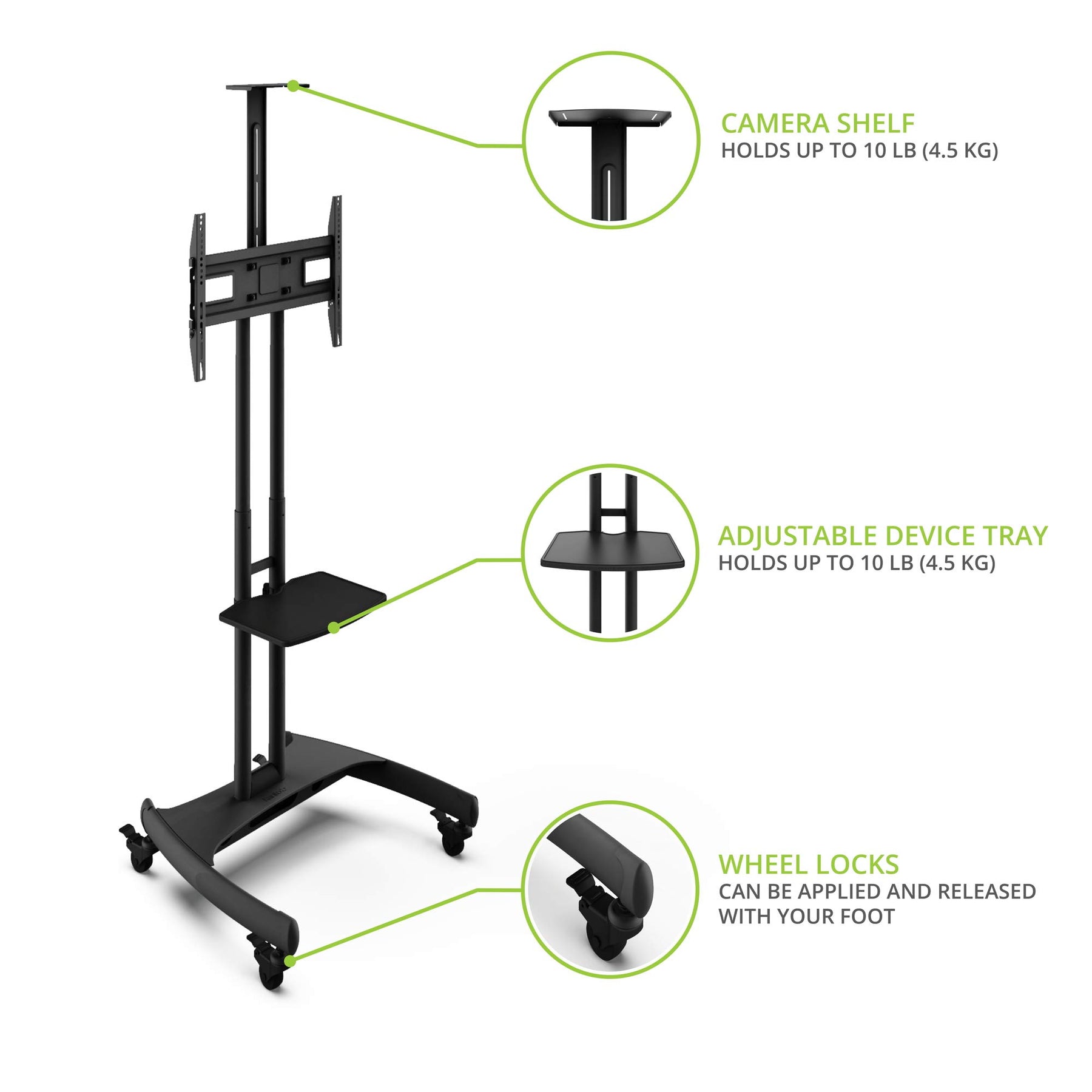 Height-Adjustable Mobile TV Mount with Shelf for 55–100" TVs