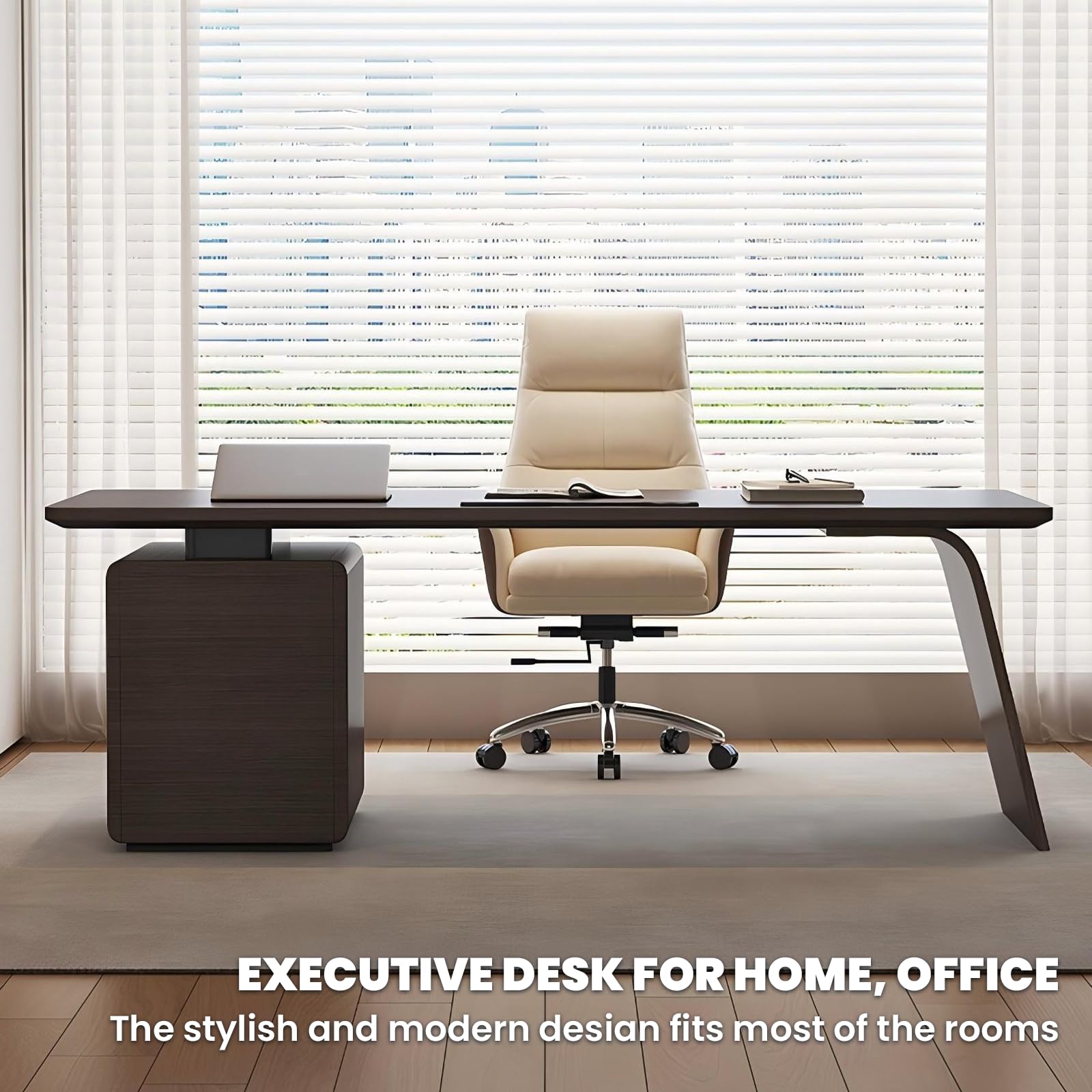 Modern Office Desk with Storage Cabinet & Power Outlets