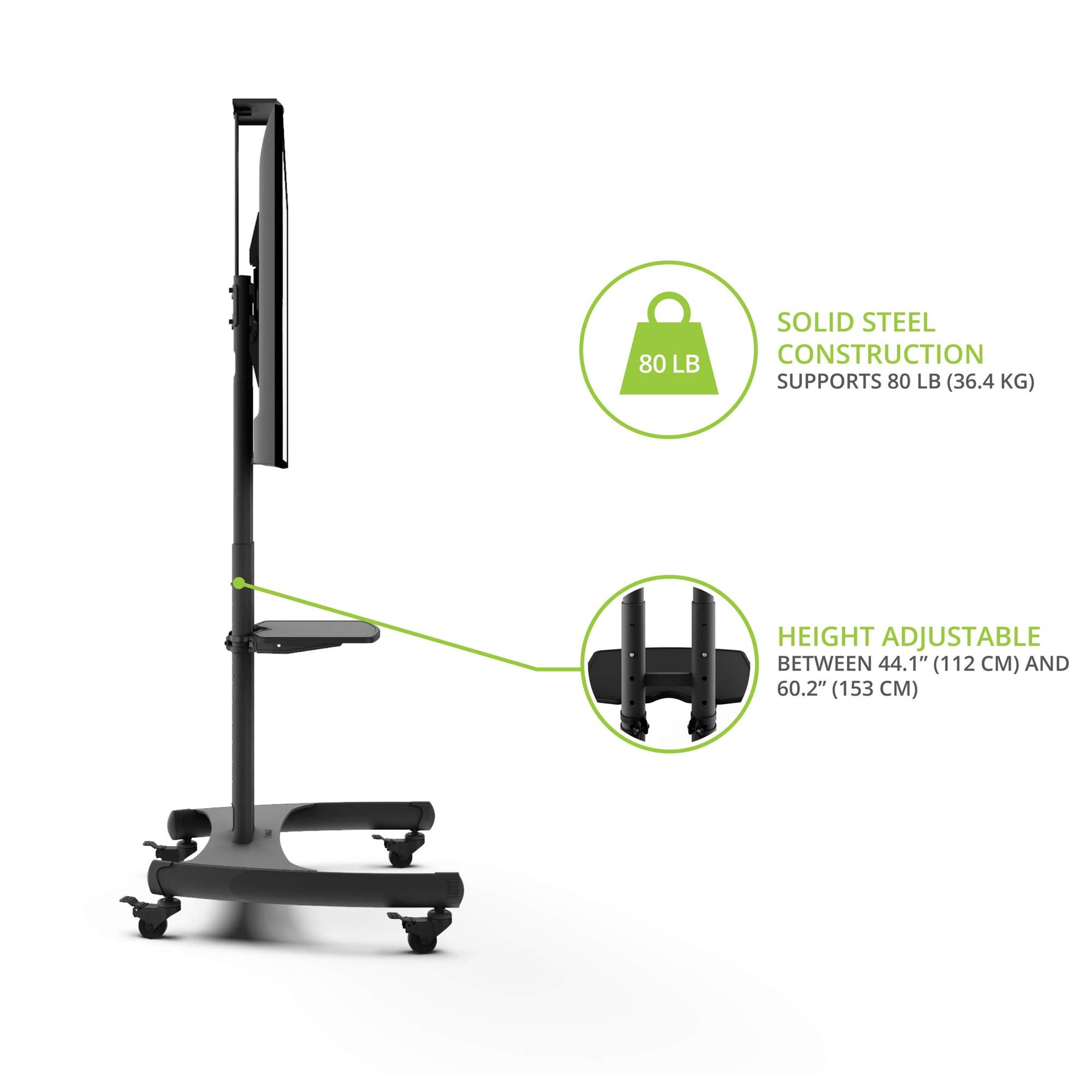Height-Adjustable Mobile TV Mount with Shelf for 55–100" TVs
