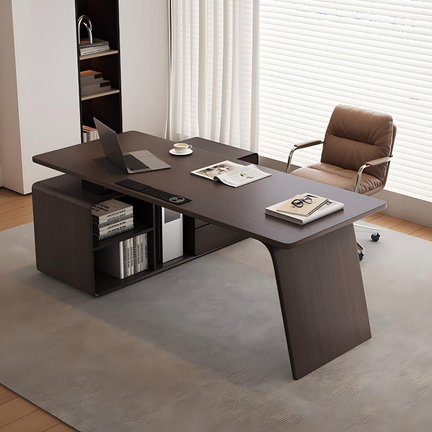 Modern Office Desk with Storage Cabinet & Power Outlets