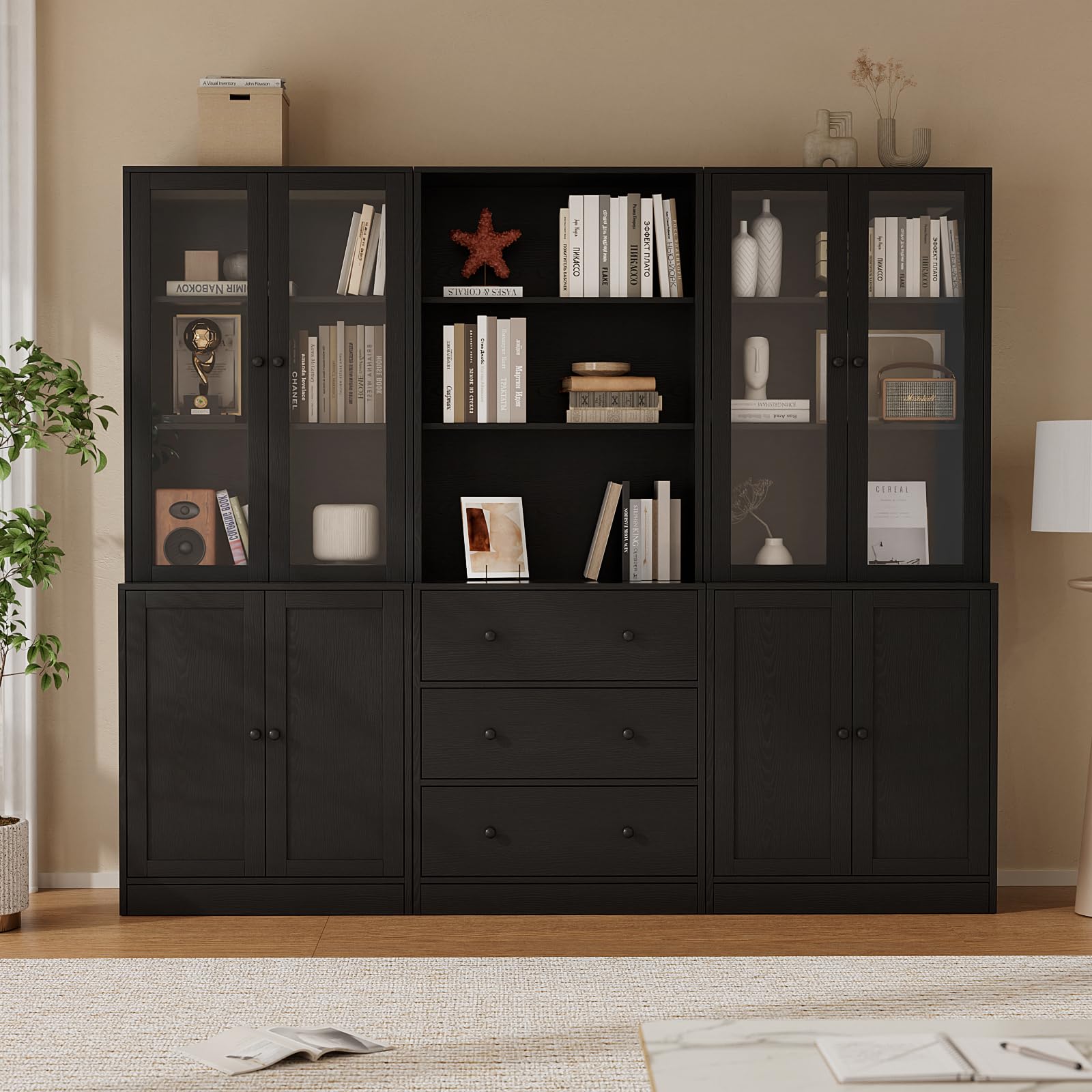 71" Bookshelf with Drawers & Glass Doors