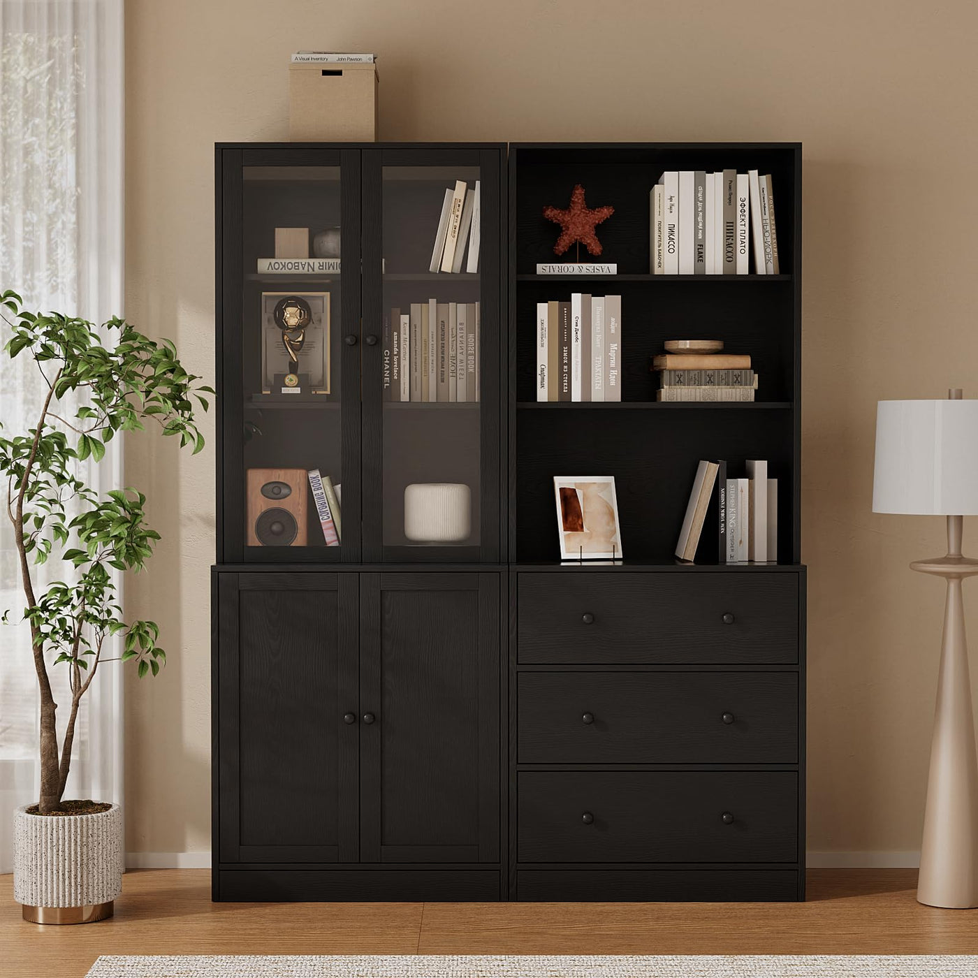 71" Bookshelf with Drawers & Glass Doors