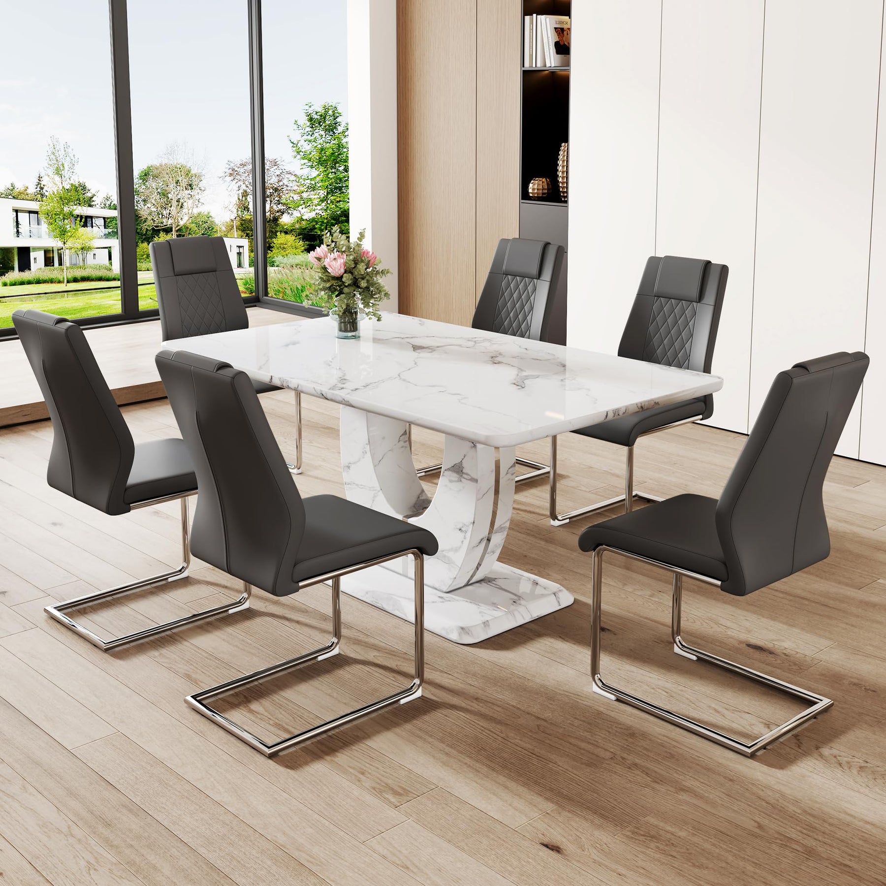 7-Piece Dining Table Set with Faux Marble Table & 6 Chairs