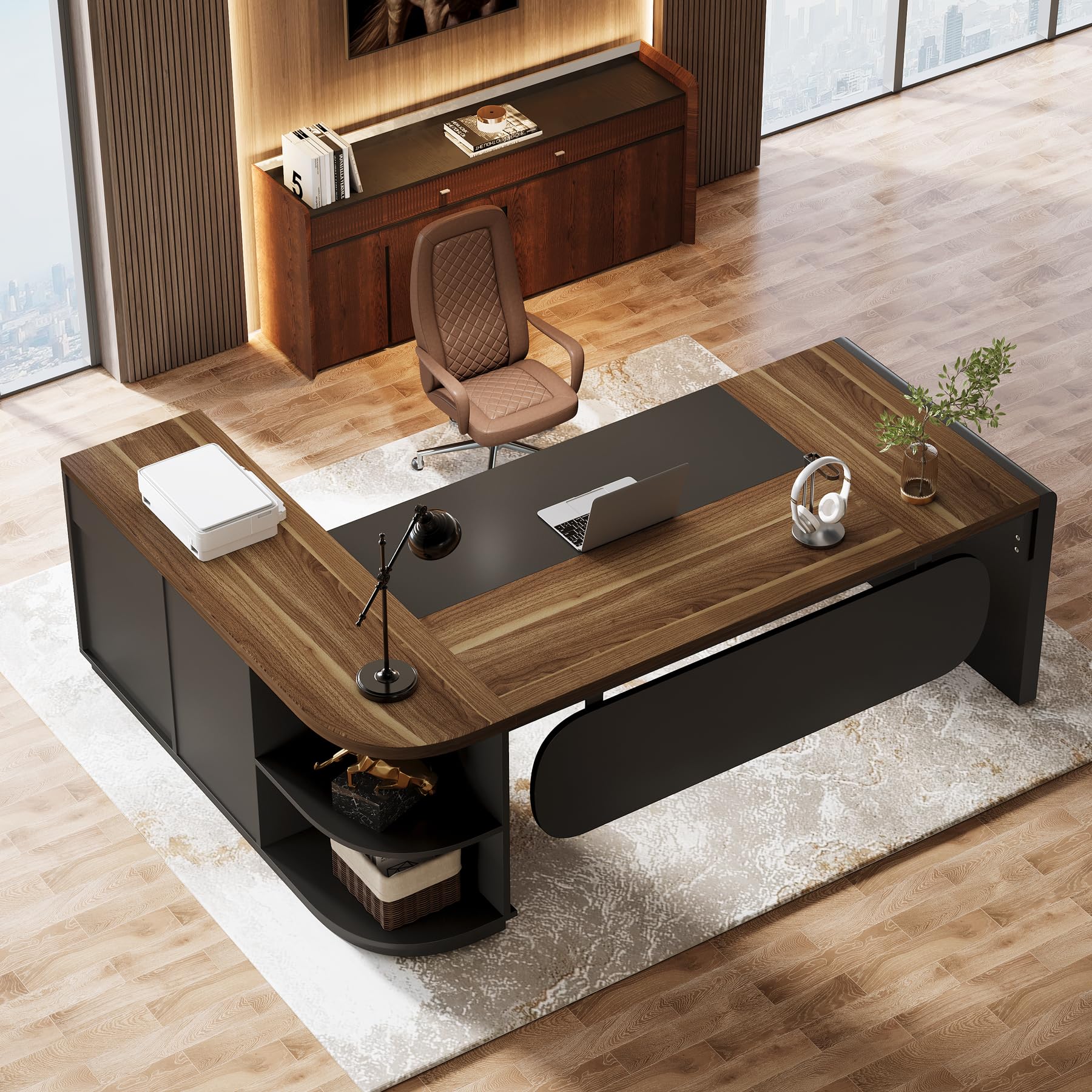80" L-Shaped Executive Desk with Storage Cabinet