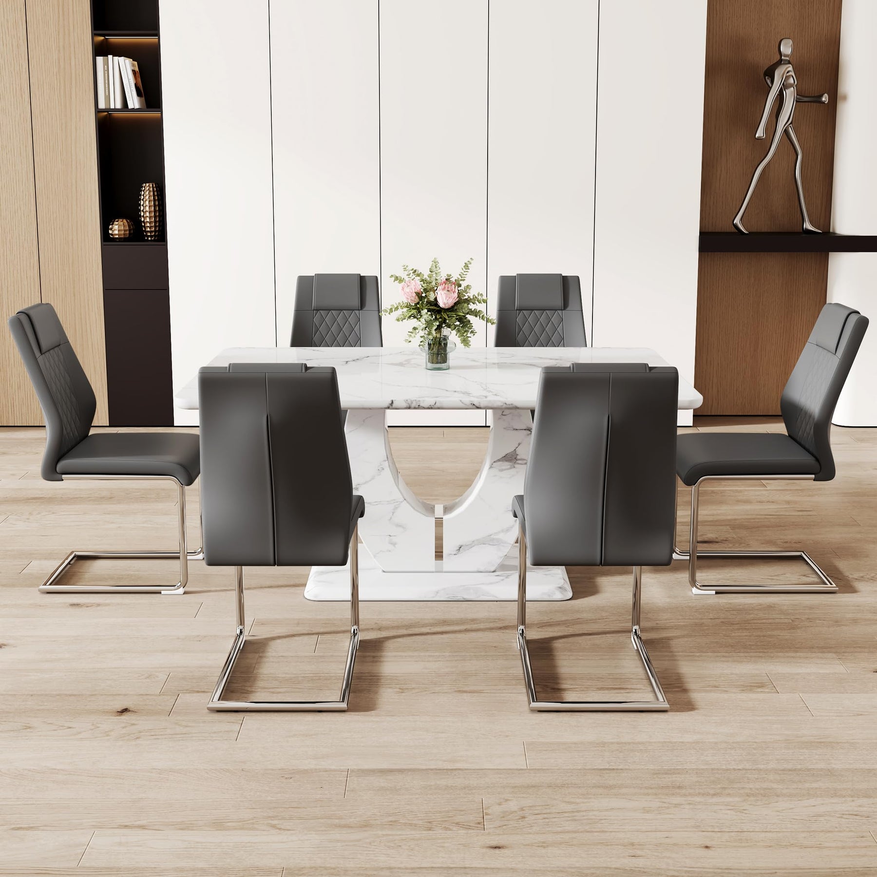7-Piece Dining Table Set with Faux Marble Table & 6 Chairs