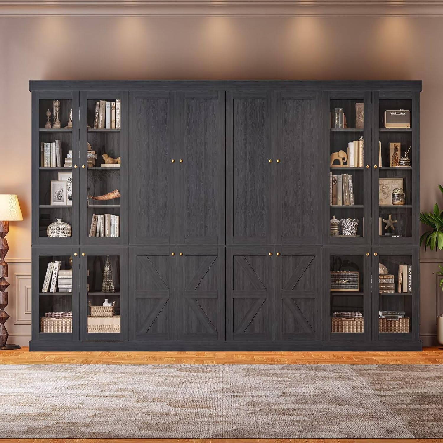70.8" Farmhouse Bookcase with Glass Doors