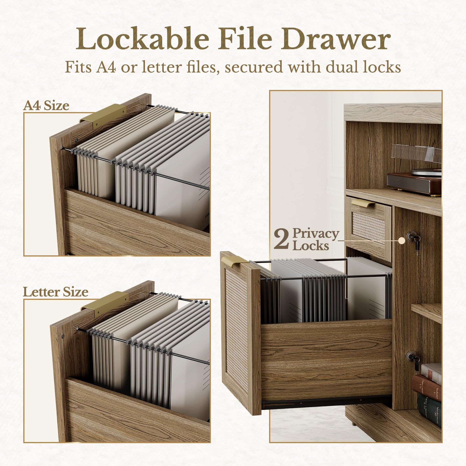 Perledesign 63'' Wood 2 Drawer Lateral File Cabinet with Lock, Fluted Filing Cabinet for Home Office with AC/USB, Adjustable Storage Shelves, Fits for Letter and A4 Size