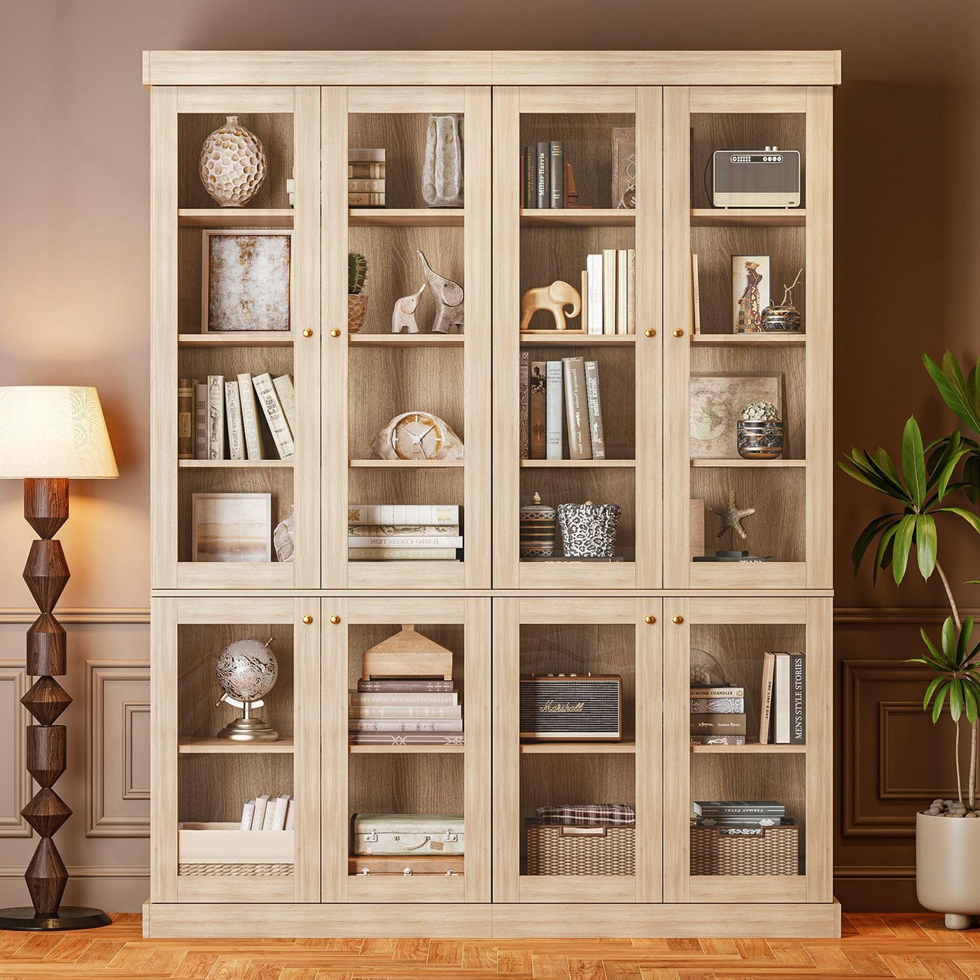 70.8" Farmhouse Bookcase with Glass Doors