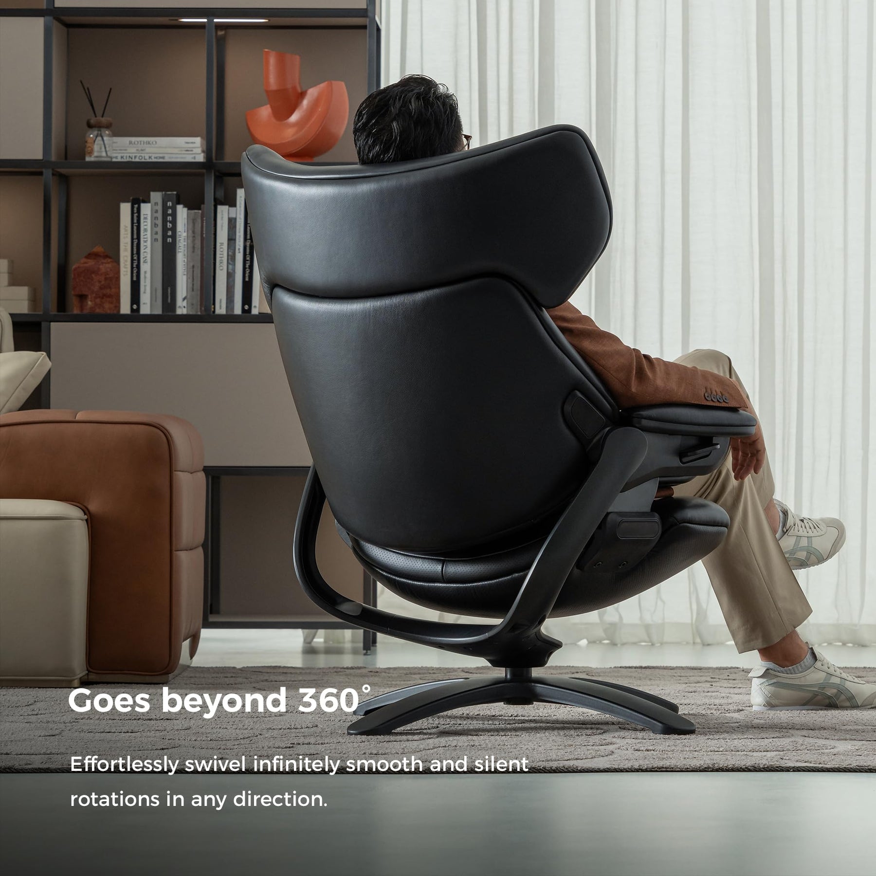 Genuine Leather Reclining Swivel Chair with Ottoman