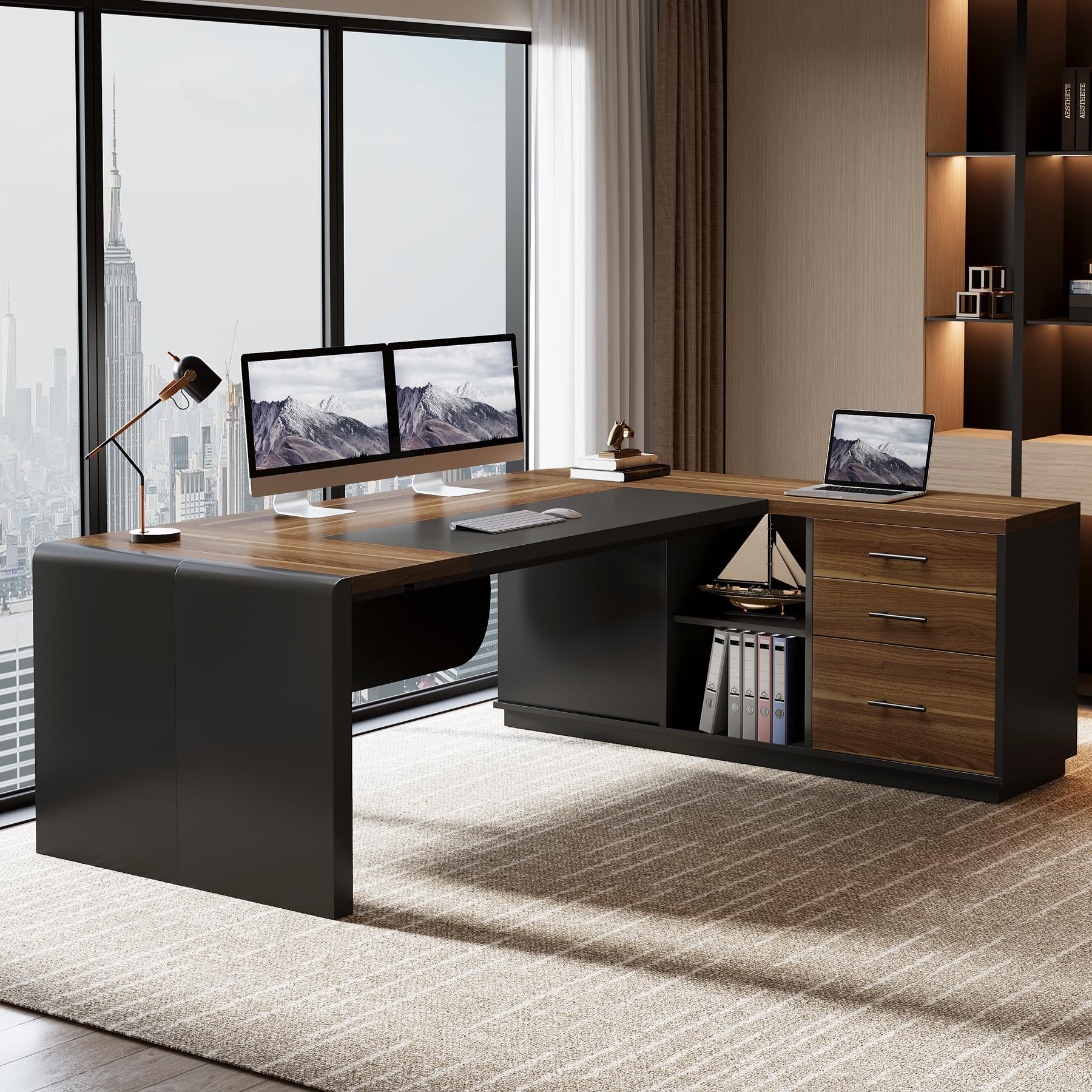 80" L-Shaped Executive Desk with Storage Cabinet